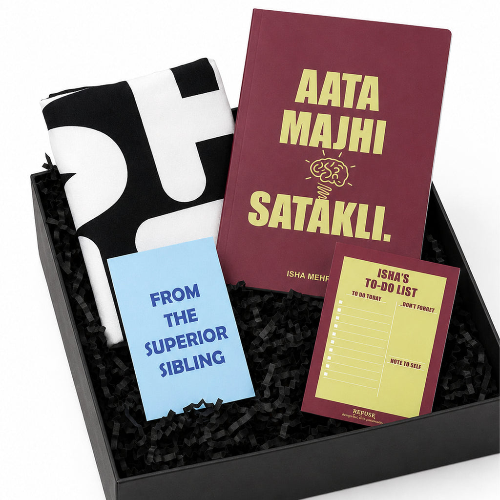 Personalised singham returns movie Quote - Aata Majhi Satakli notebook with matching Notepad & shit cushion cover with superior sibling greeting card placed in a gift box