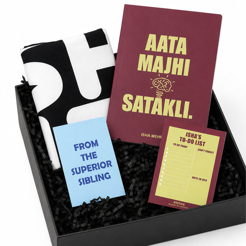 Personalised singham returns movie Quote - Aata Majhi Satakli notebook with matching Notepad & shit cushion cover with superior sibling greeting card placed in a gift box
