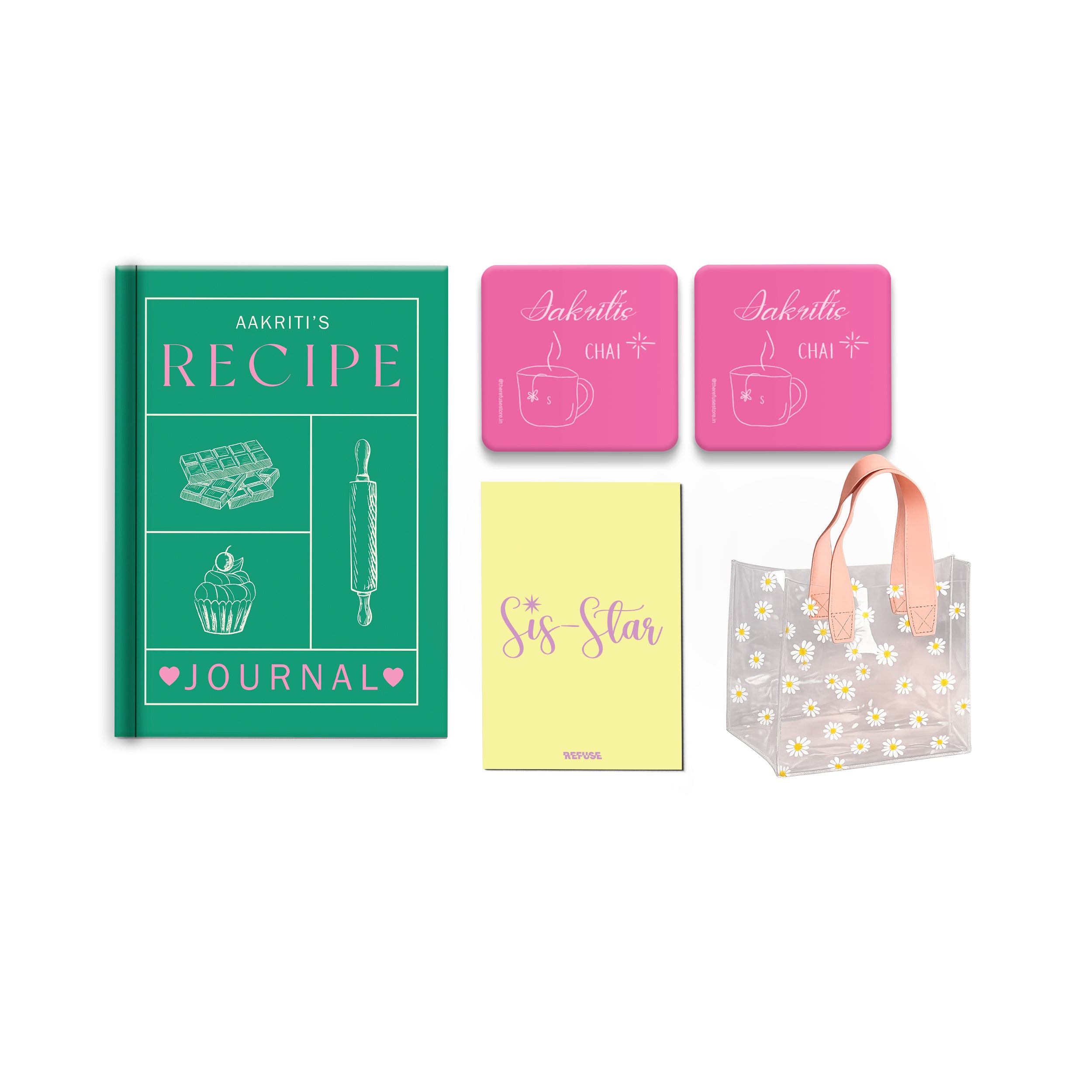 Personalised Recipe Gift Set including a hardbound recipe journal, personalised chai coasters, greeting card, and reusable transparent daisy tote bag.