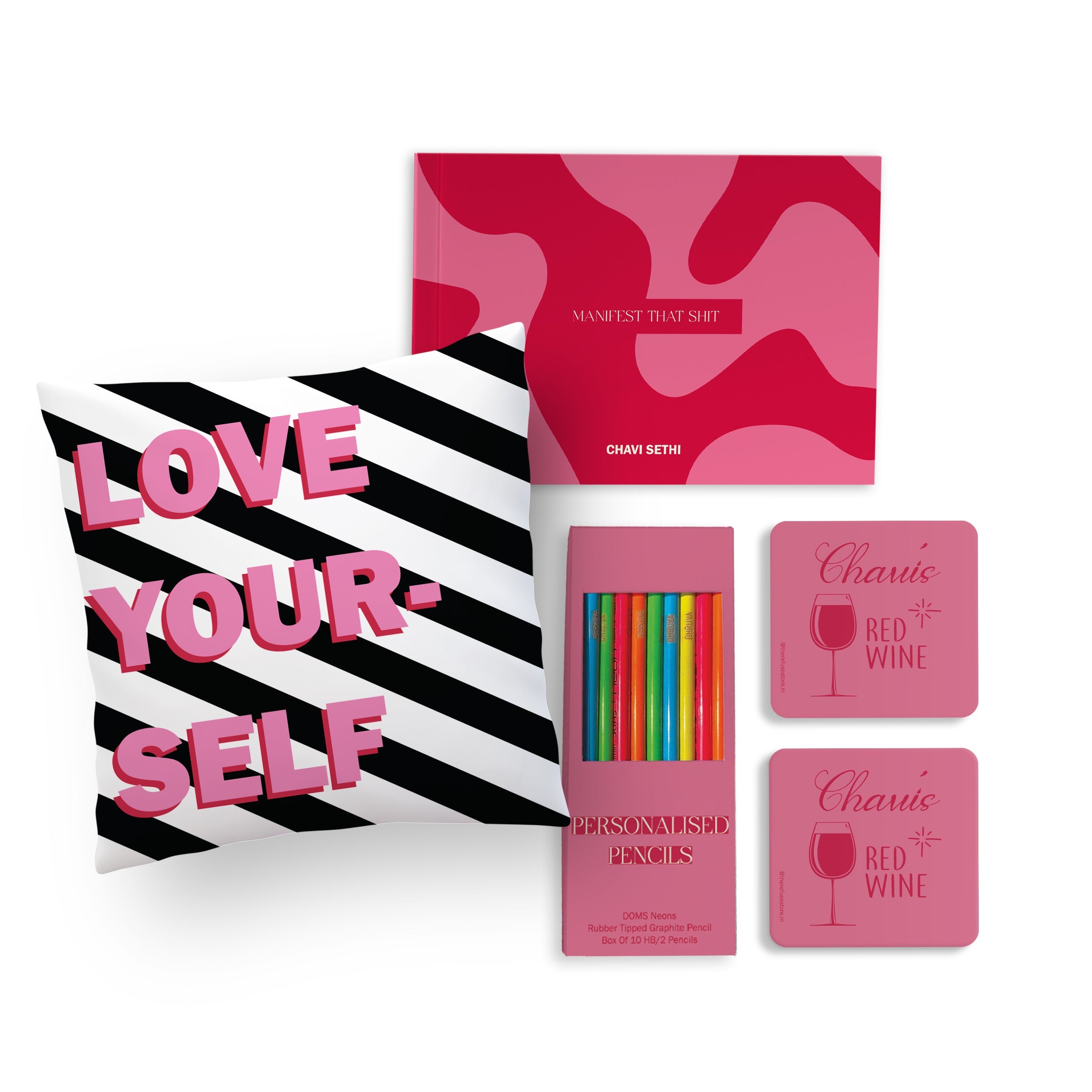 Pink Personalised Gift Set with love yourself cushion cover, undated planner, coasters & pencils
