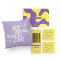 Yellow & Lilac Personalised Gift Set with just do whaterver you want cushion cover, undated planner, coasters & pencils