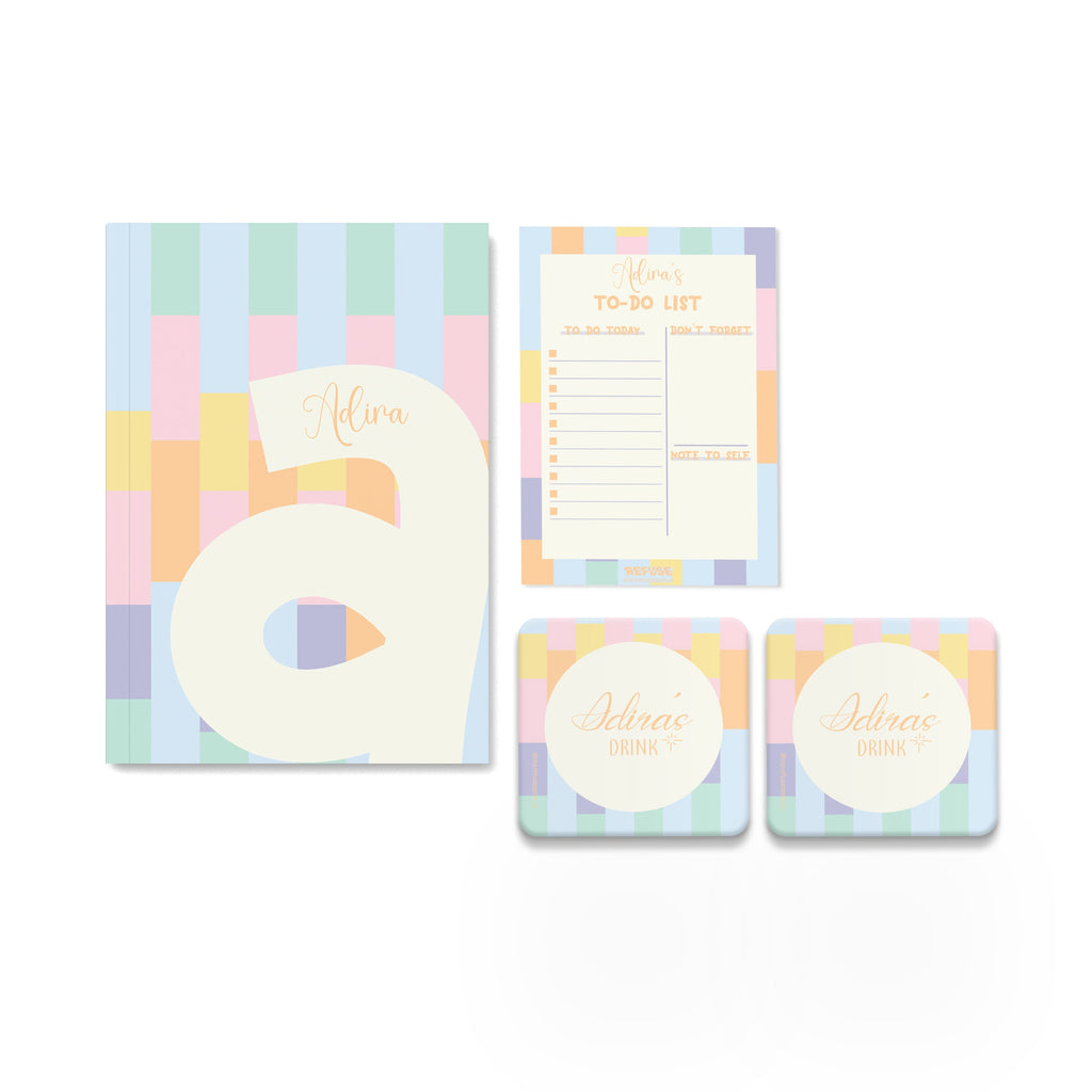 Multi striped personalised notebook,notepad & coasters