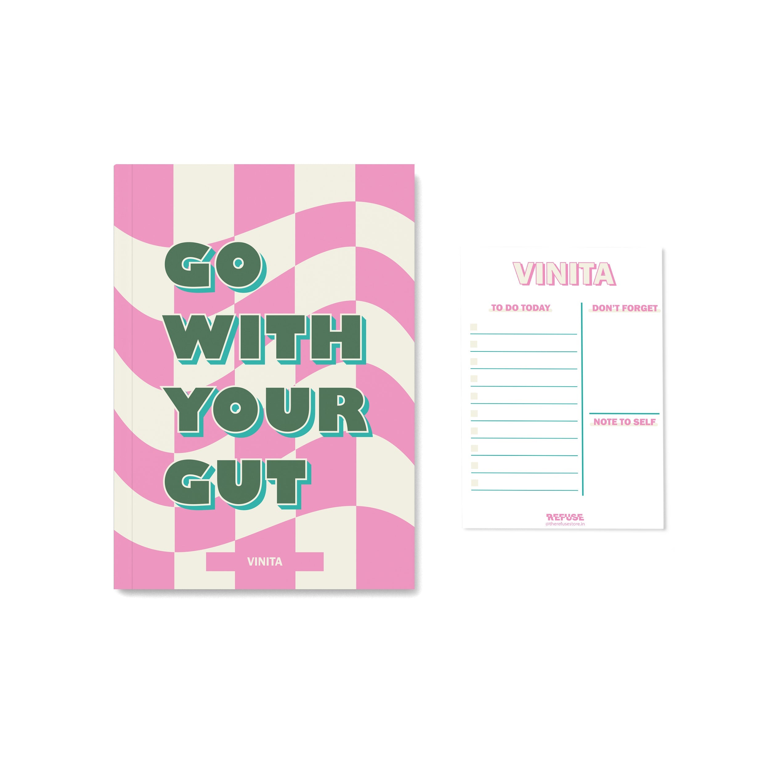 Personalised checkered pink & yellow Notebook with matching Notepad
