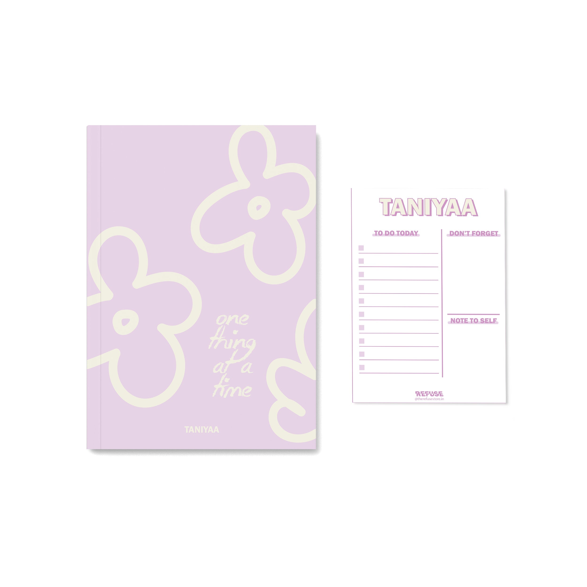 Personalised Lilac notebook with flower outline & quote with matching Notepad