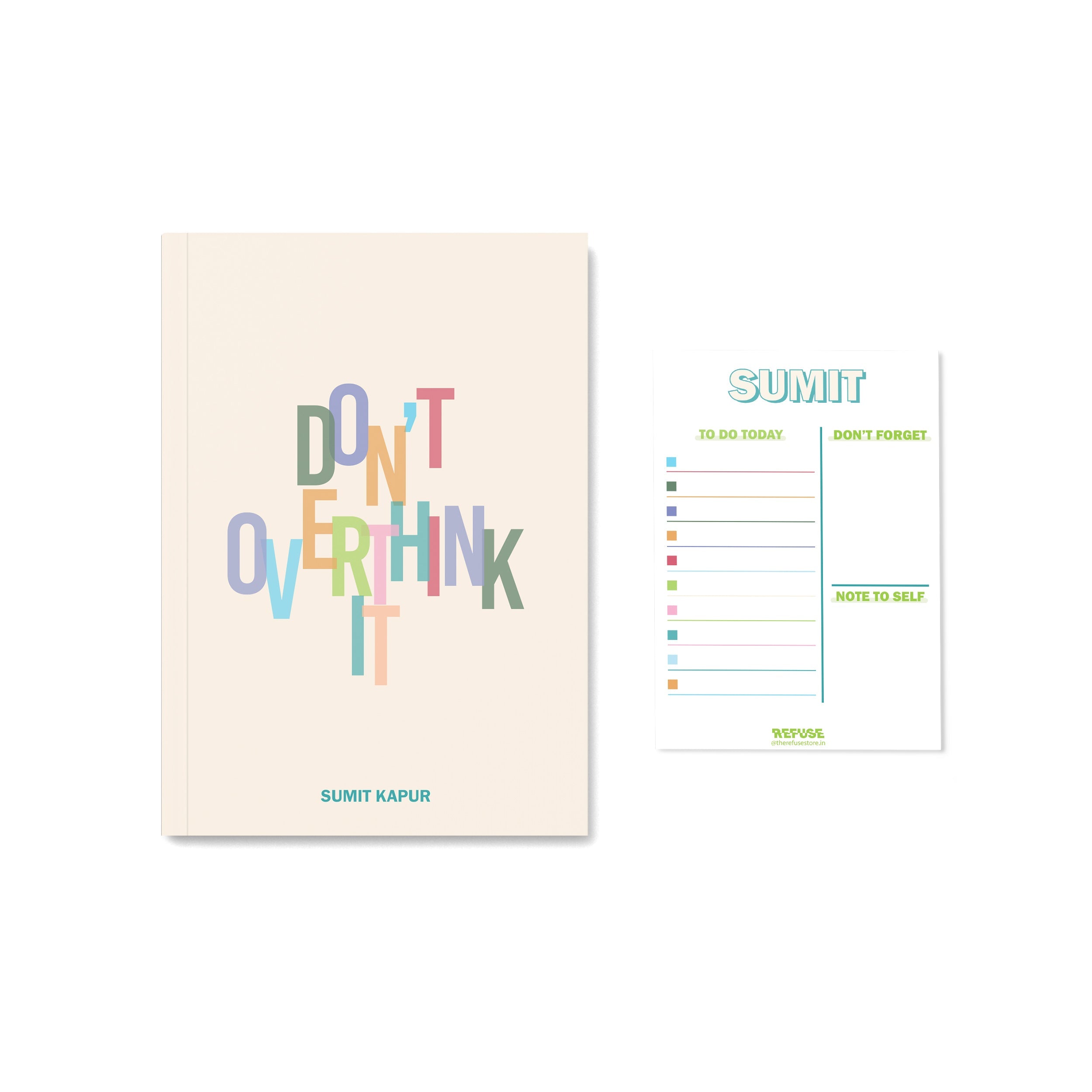 Personalised Notebook with mulicolour text - dont overthink it plus notepad
