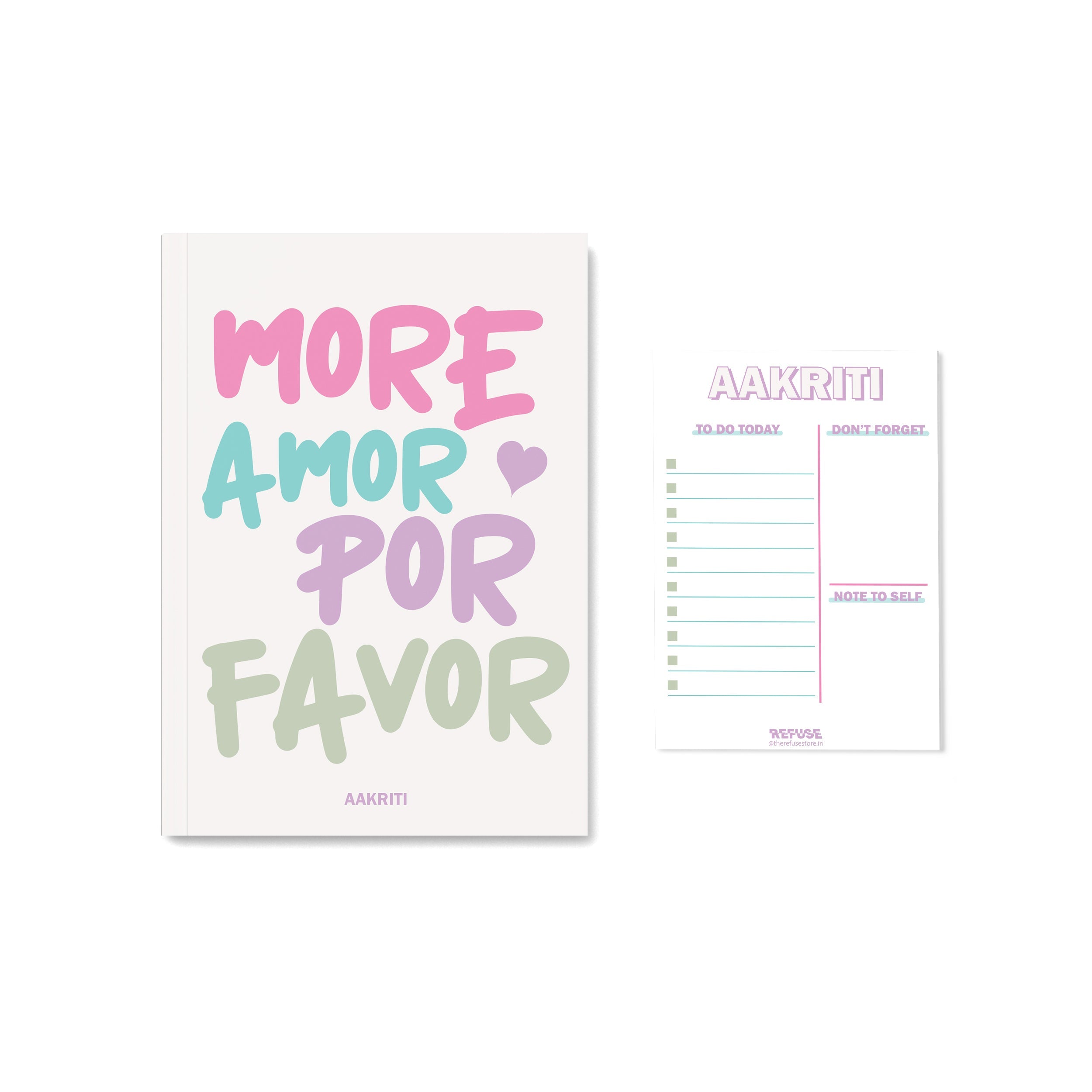 Personalised Colorful “More Amor Por Favor” text on a off-white notebook cover with matching notepad