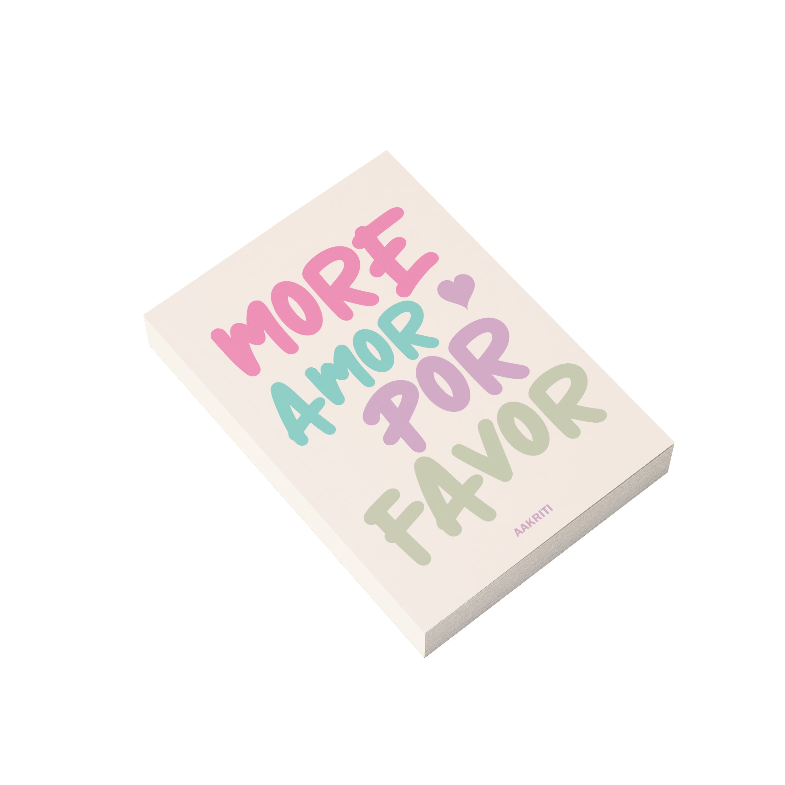 Personalised Colorful “More Amor Por Favor” text on a off-white notebook cover.