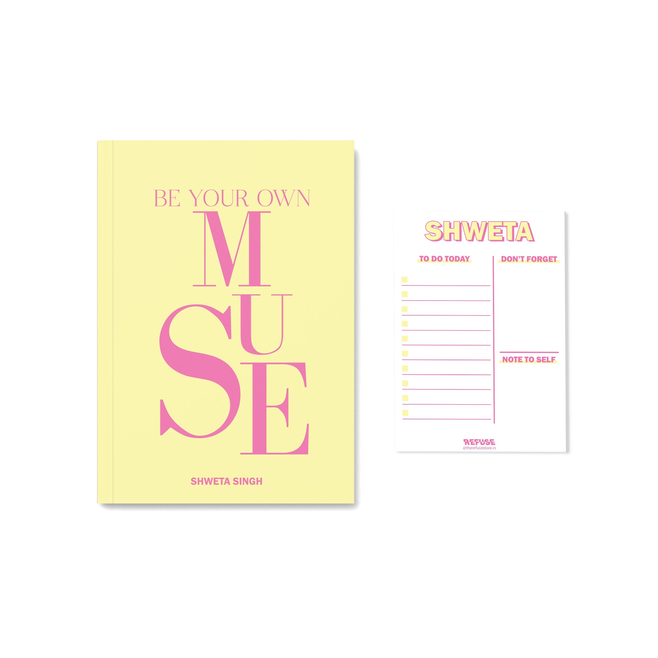 Personalised yellow notebook with quoate be your own muse in pink with matching notepad