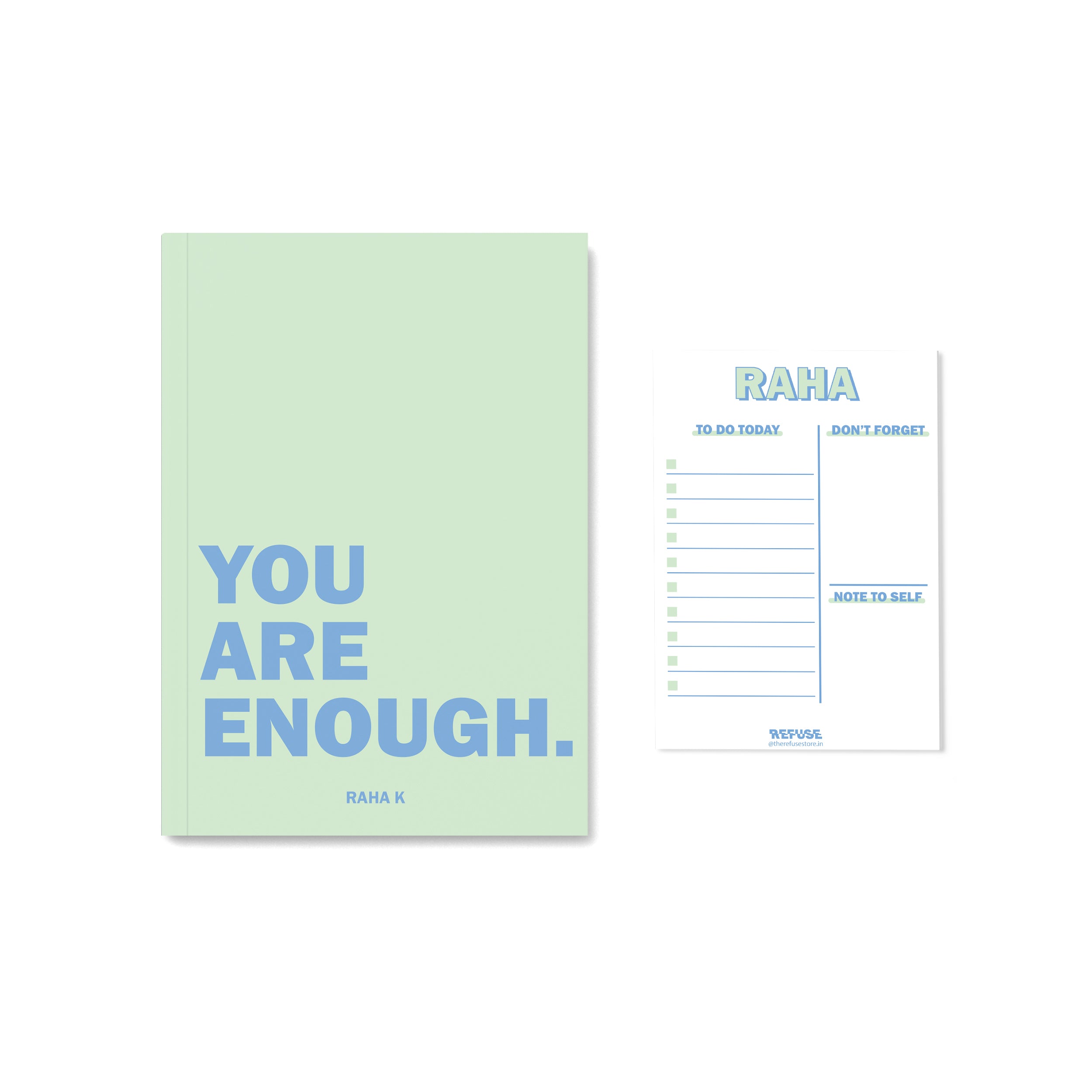 Personalised green notebook with quote you are enough in blue. Matching notepad