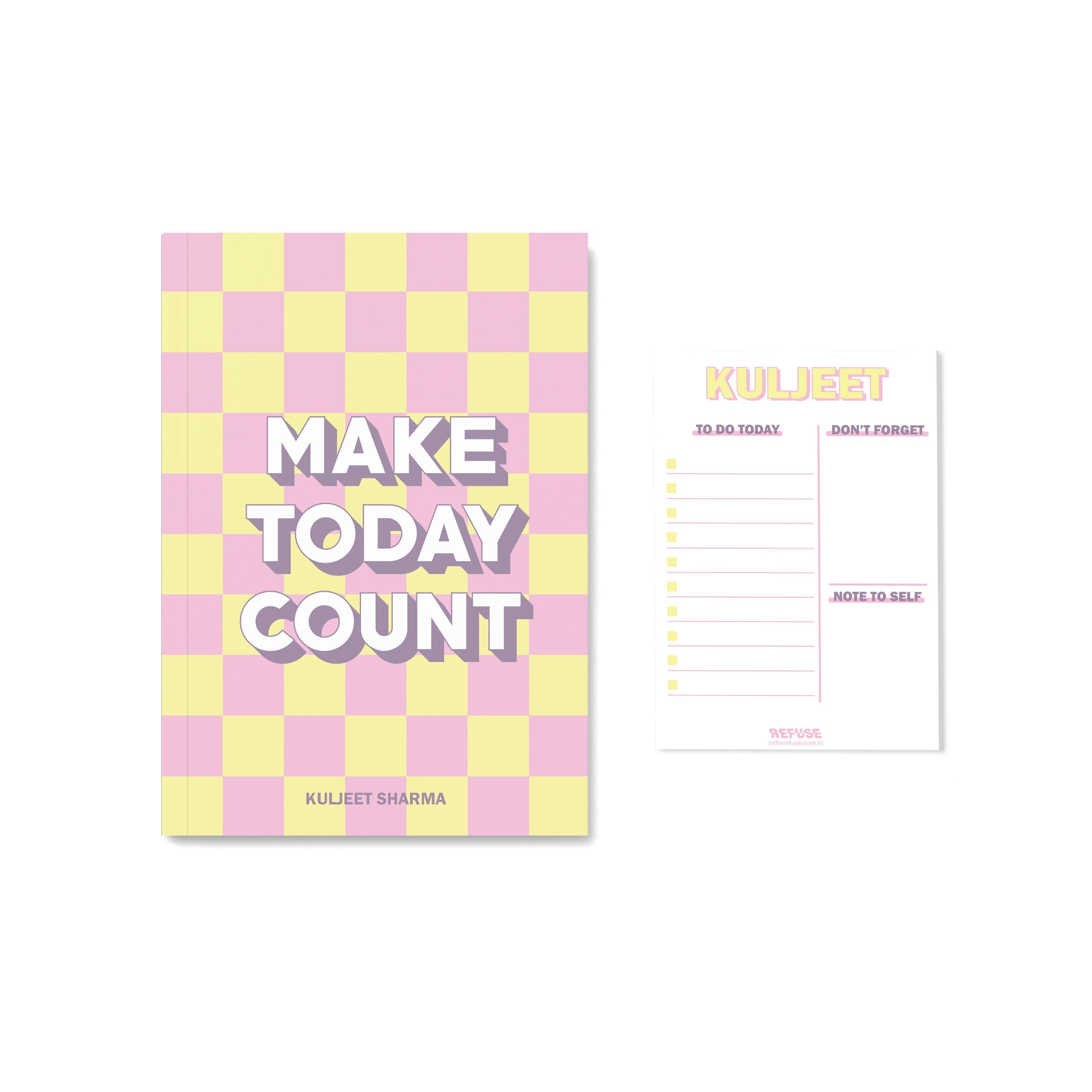 Personalised pink & yellow checkered notebook with matching notepad