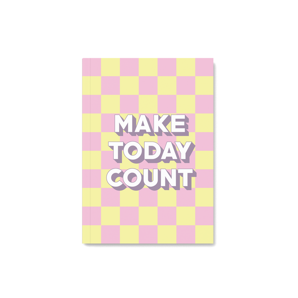 Pink & yellow checkered notebook with a quote