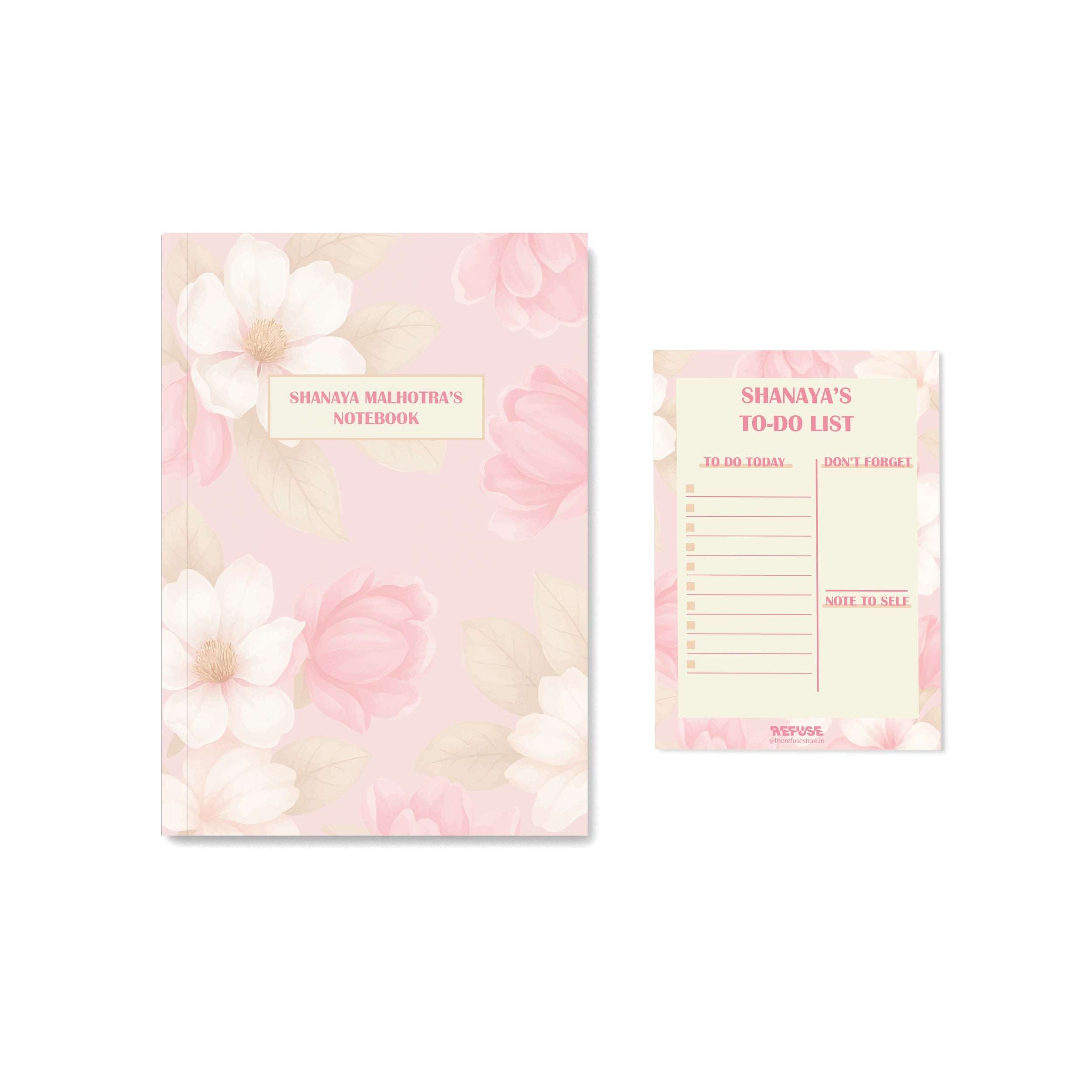 Shades Of Pink Floral Personalised Notebook with notepad