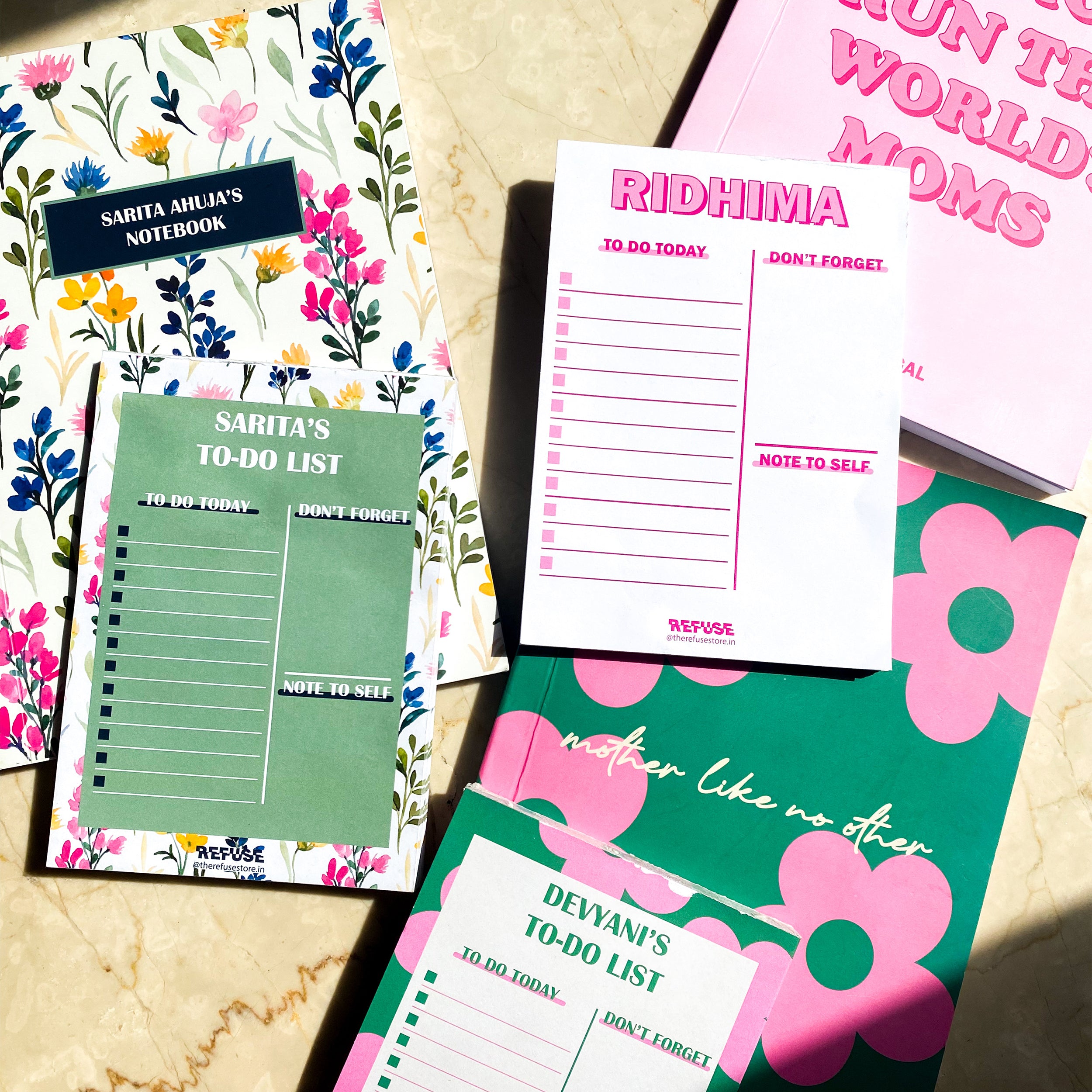 Collection of personalized to-do lists with floral and text designs for mothers. 
