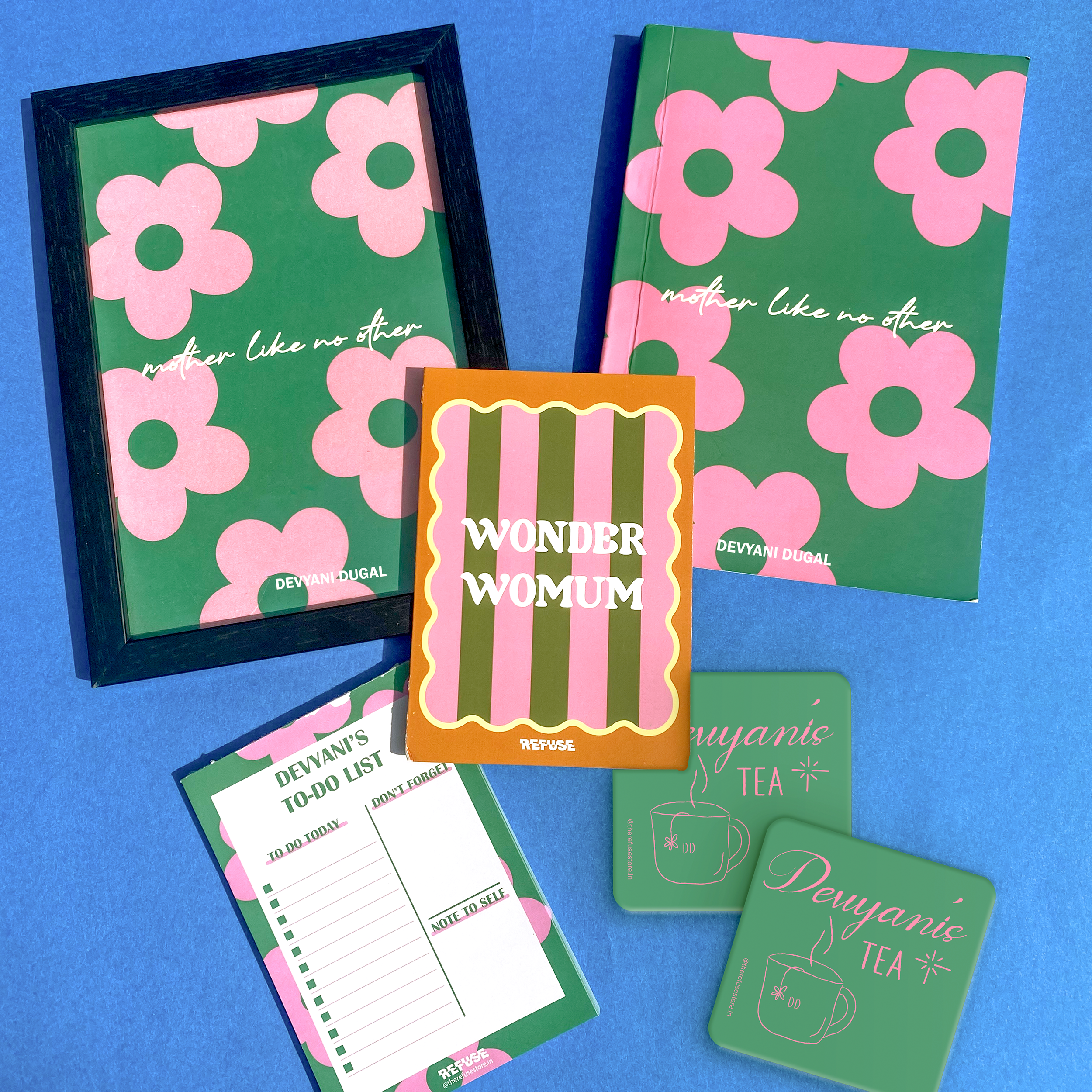 Collection of green and pink items with floral designs for mothers. mothers day gift. 