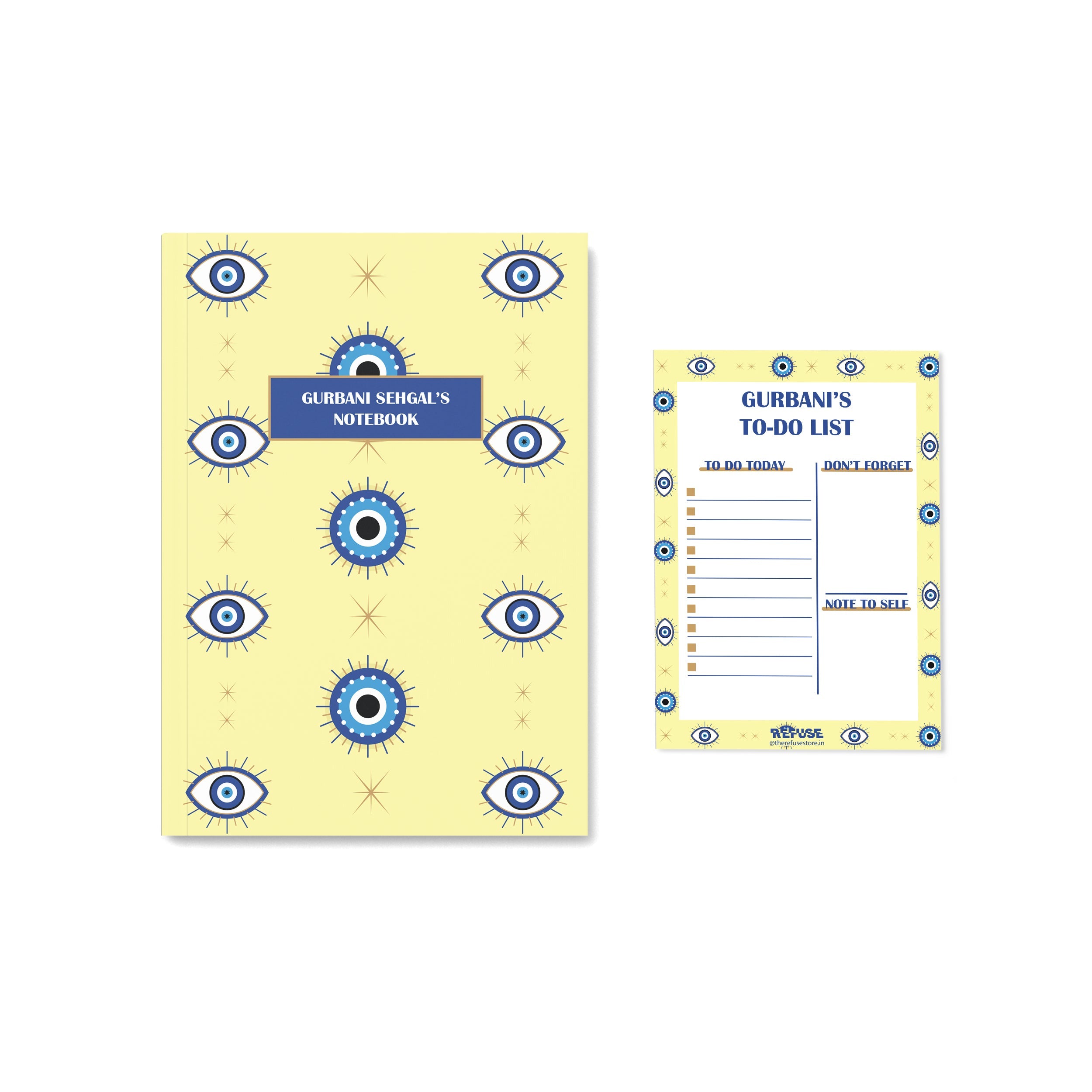 Yellow Evil Eye Personalised Notebook with notepad