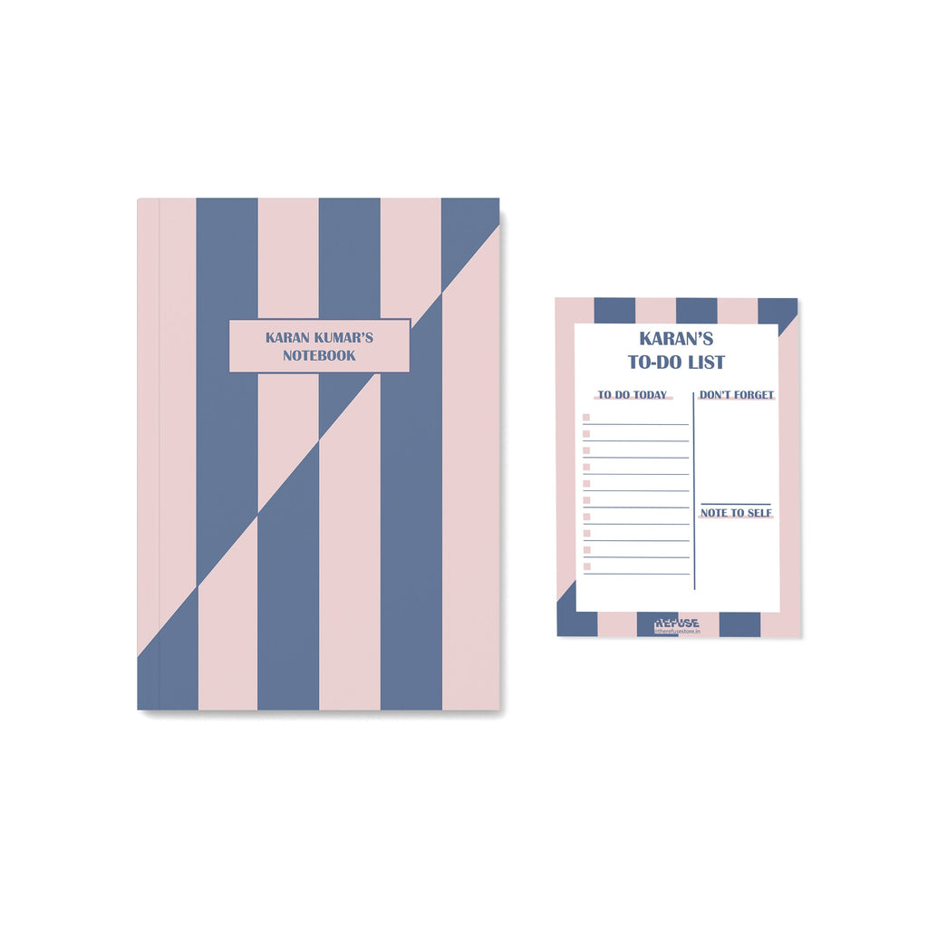 Blue & Pink Slashed Striped Personalised Notebook with notepad