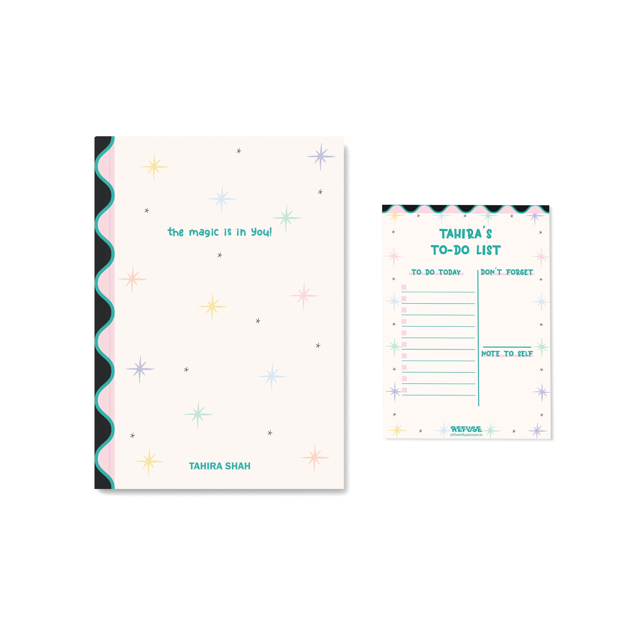 Personalised pastel notebook with stars & quote. Matching notepad