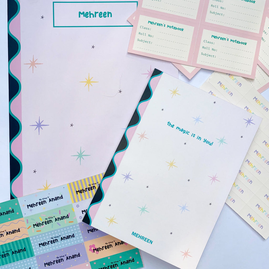 Personalised pastel notebook with stars & quote. Matching stationery