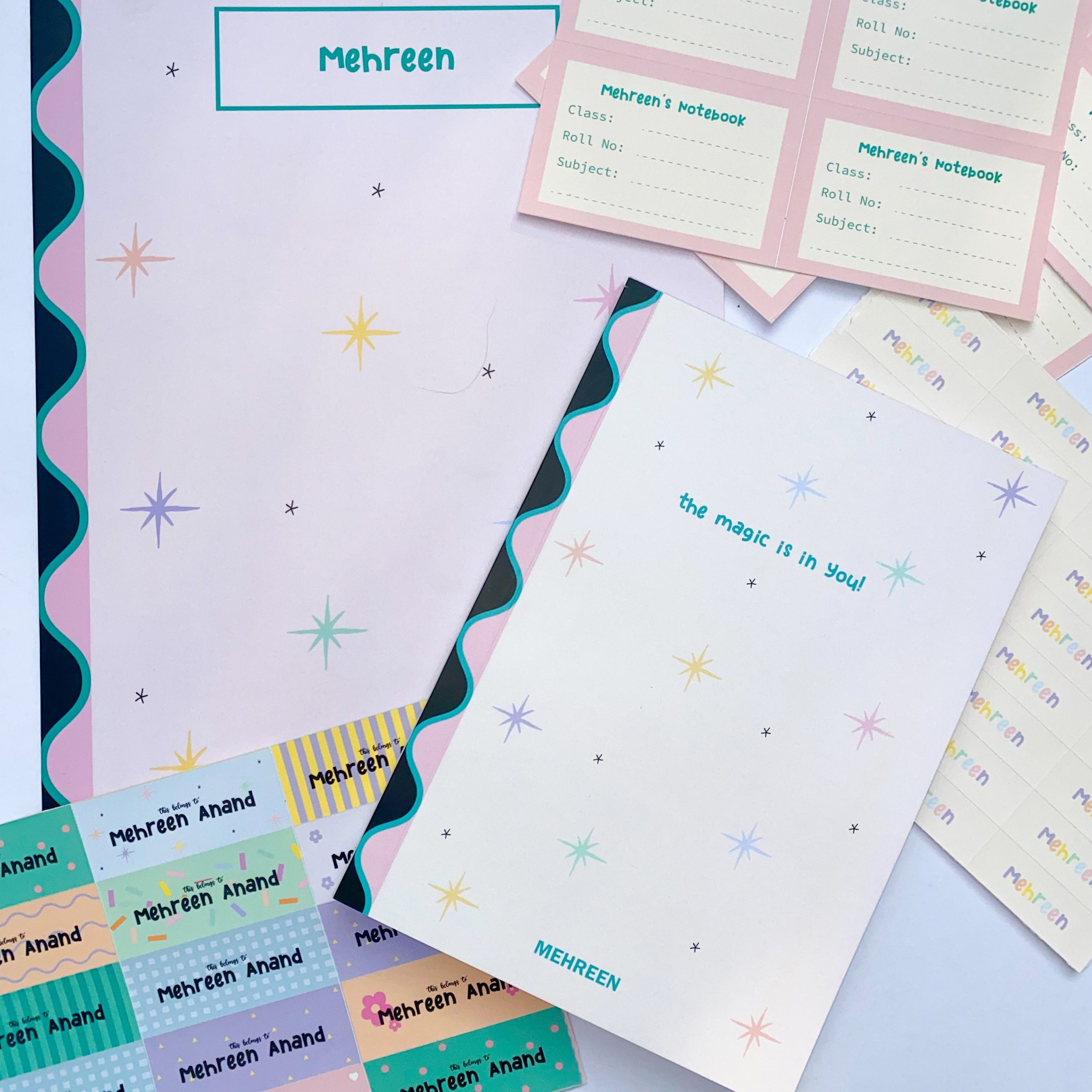 Personalised pastel notebook with stars & quote. Matching stationery