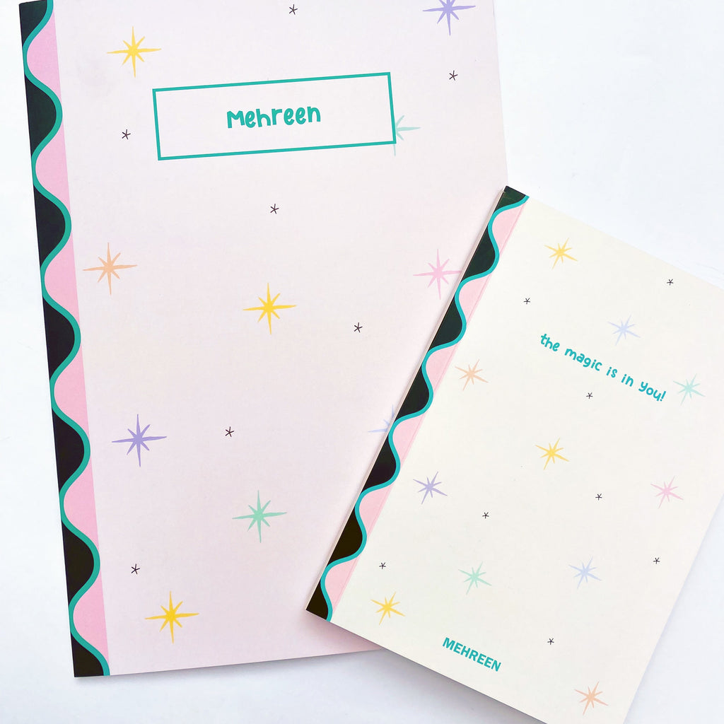 Personalised pastel notebook with stars & quote. Matching folder