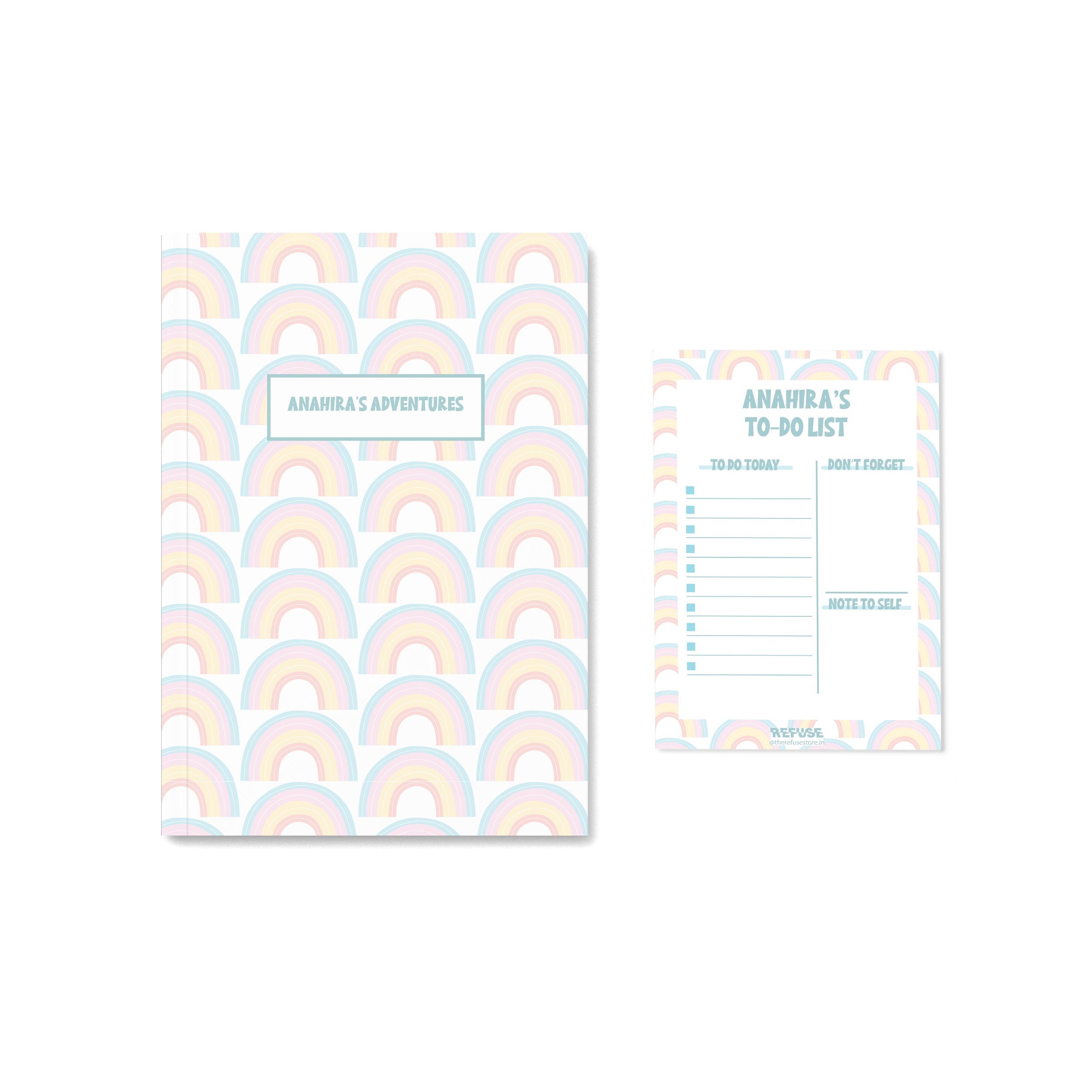 Rainbow personalised notebook with matching notepad