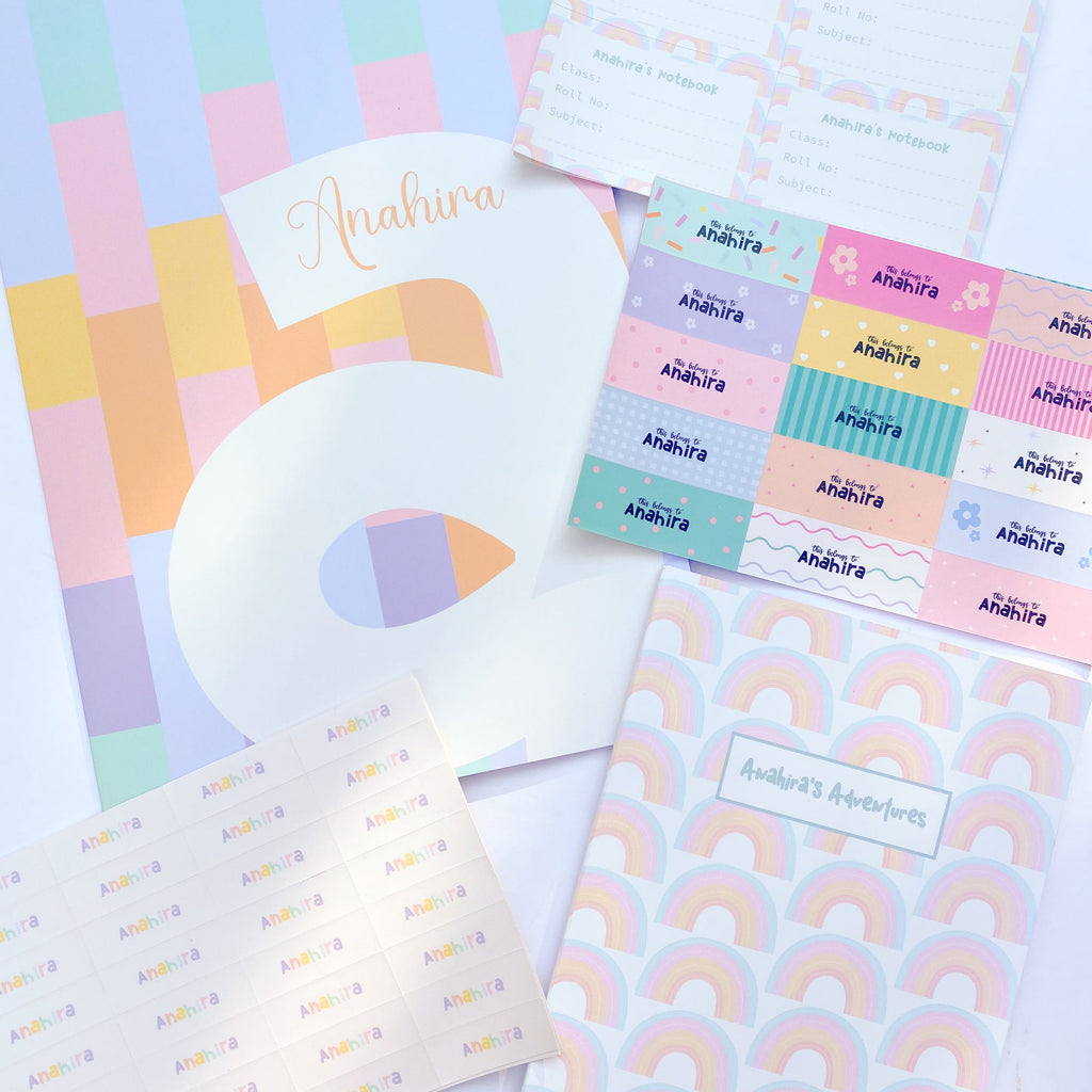Rainbow personalised notebook with other stationery