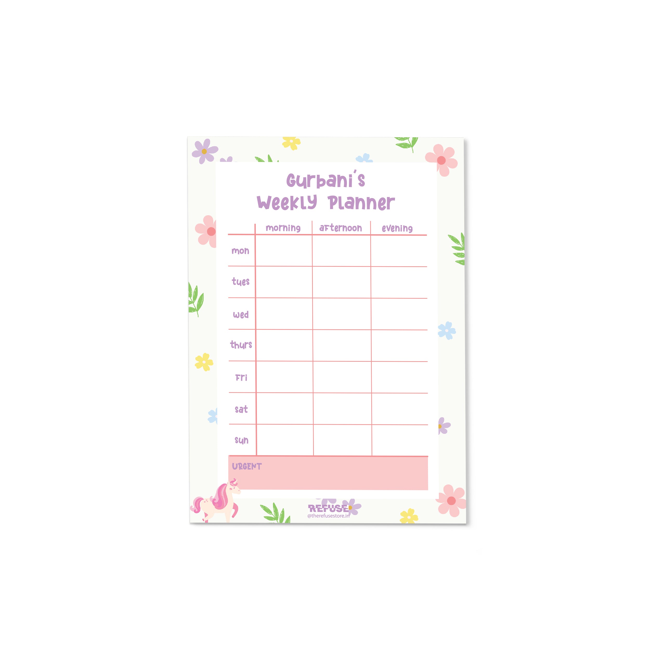 Weekly planner for Burbani with floral designs on a white background
