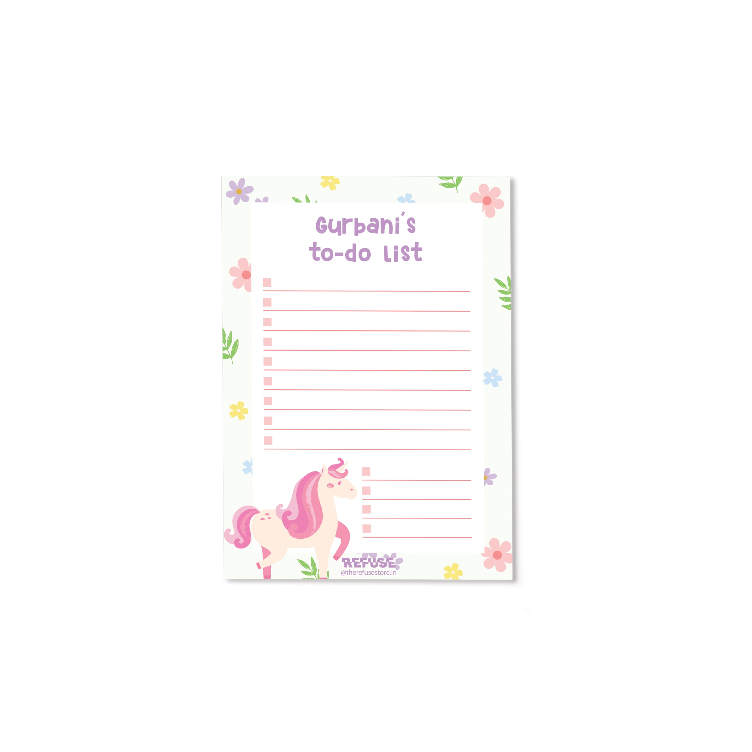 To-do list paper with a unicorn design and personalized name on a white background