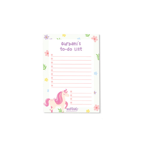To-do list paper with a unicorn design and personalized name on a white background