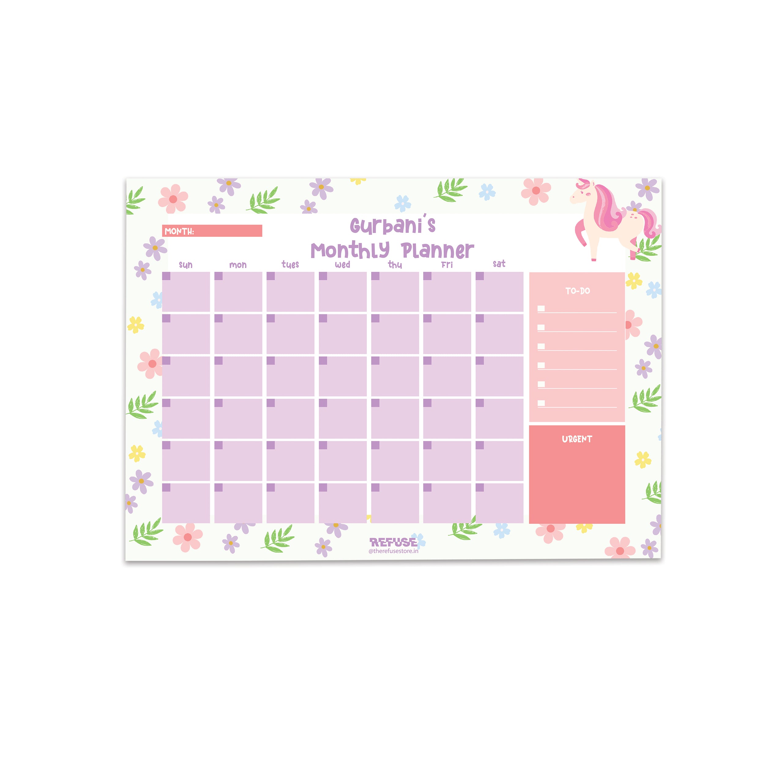 Monthly planner with floral and unicorn design on a white background