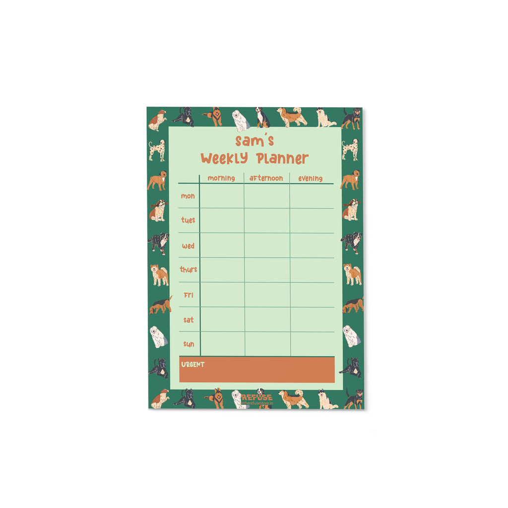 Green Dog Lovers Personalised Weekly Planner