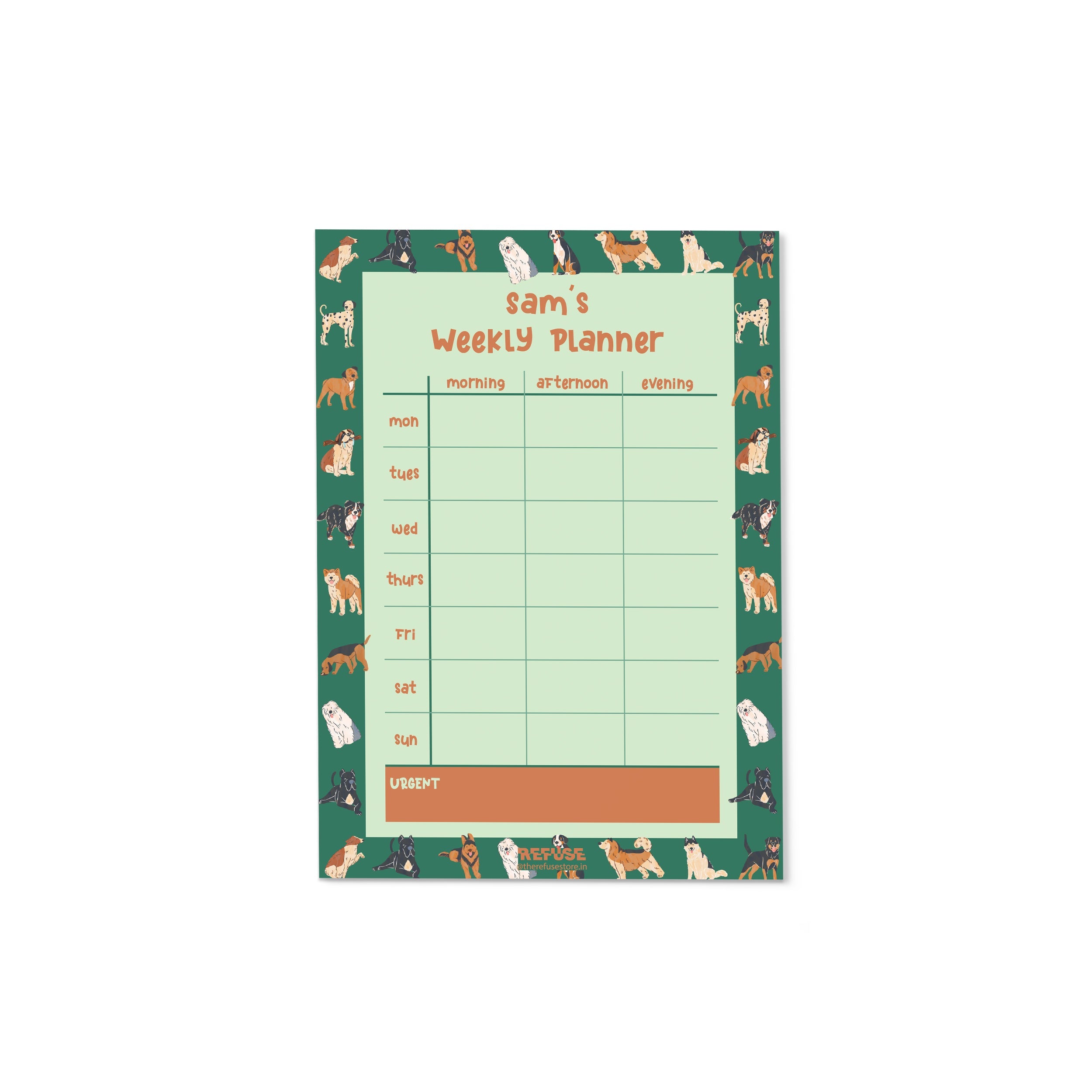 Green Dog Lovers Personalised Weekly Planner