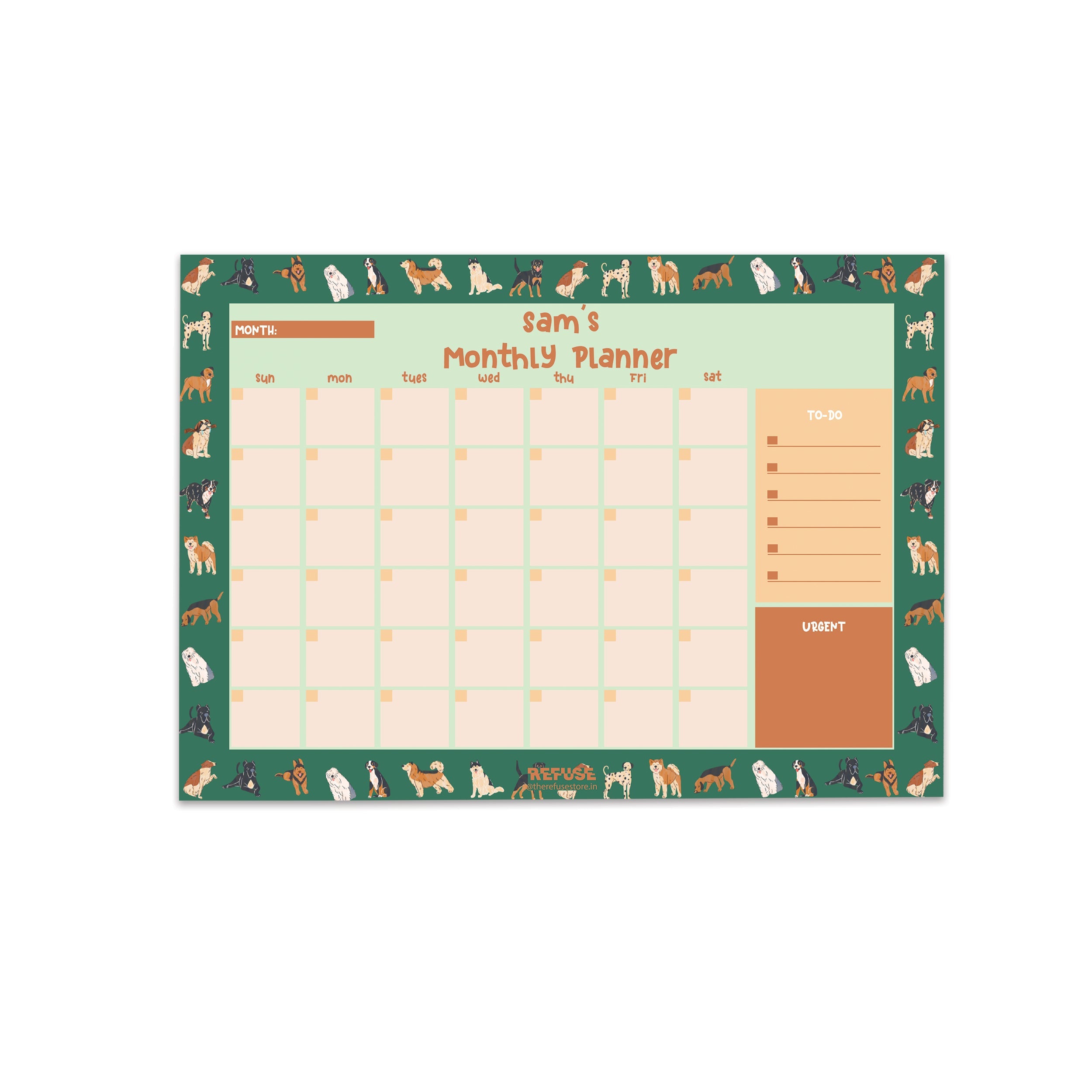 Green Dog Lovers Personalised Monthly Planner