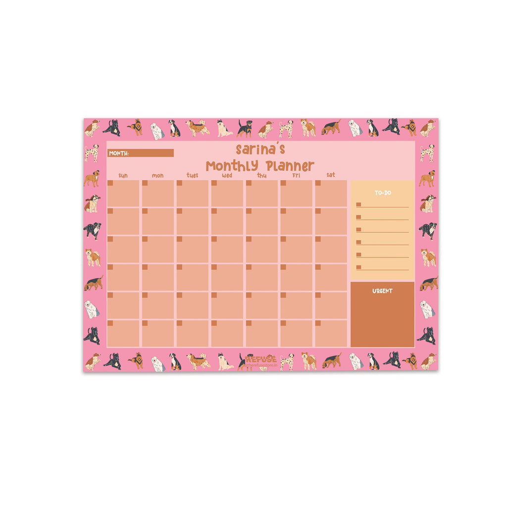 Pink Dog Lovers Personalised Monthly Planner