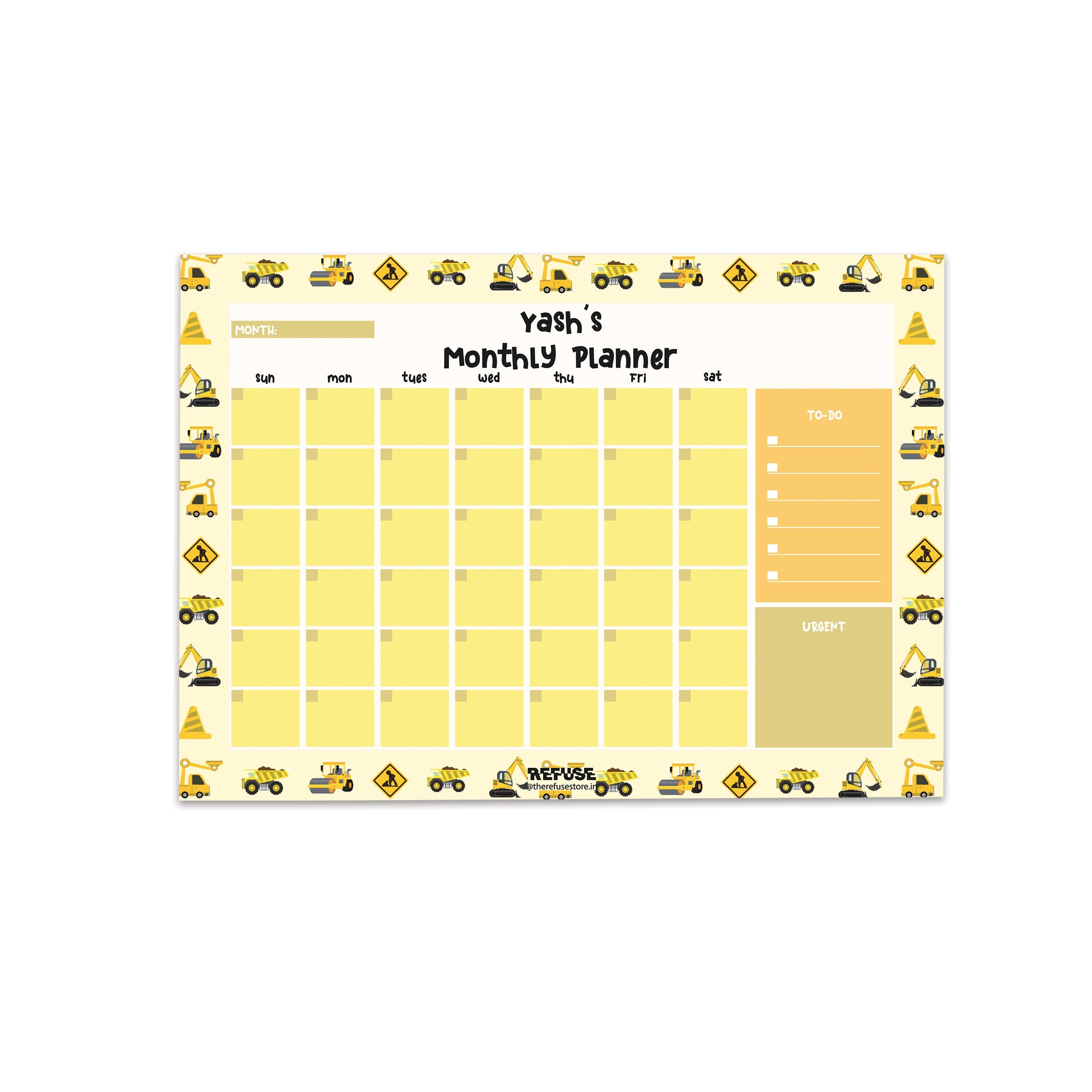 Construction Truck Personalised Monthly Planner