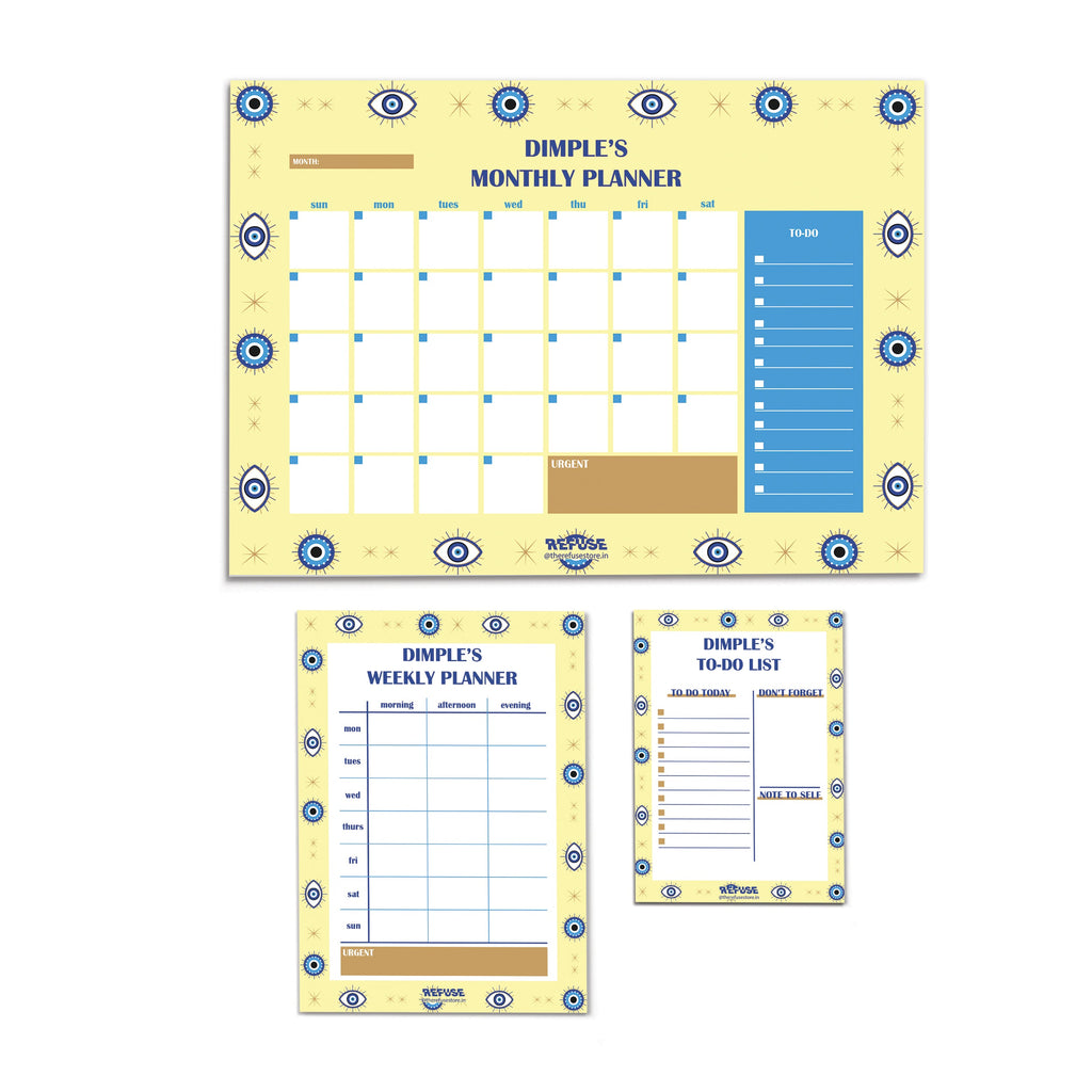 Yellow Evil Eye Personalised Planner Set (Daily,Weekly & Monthly)
