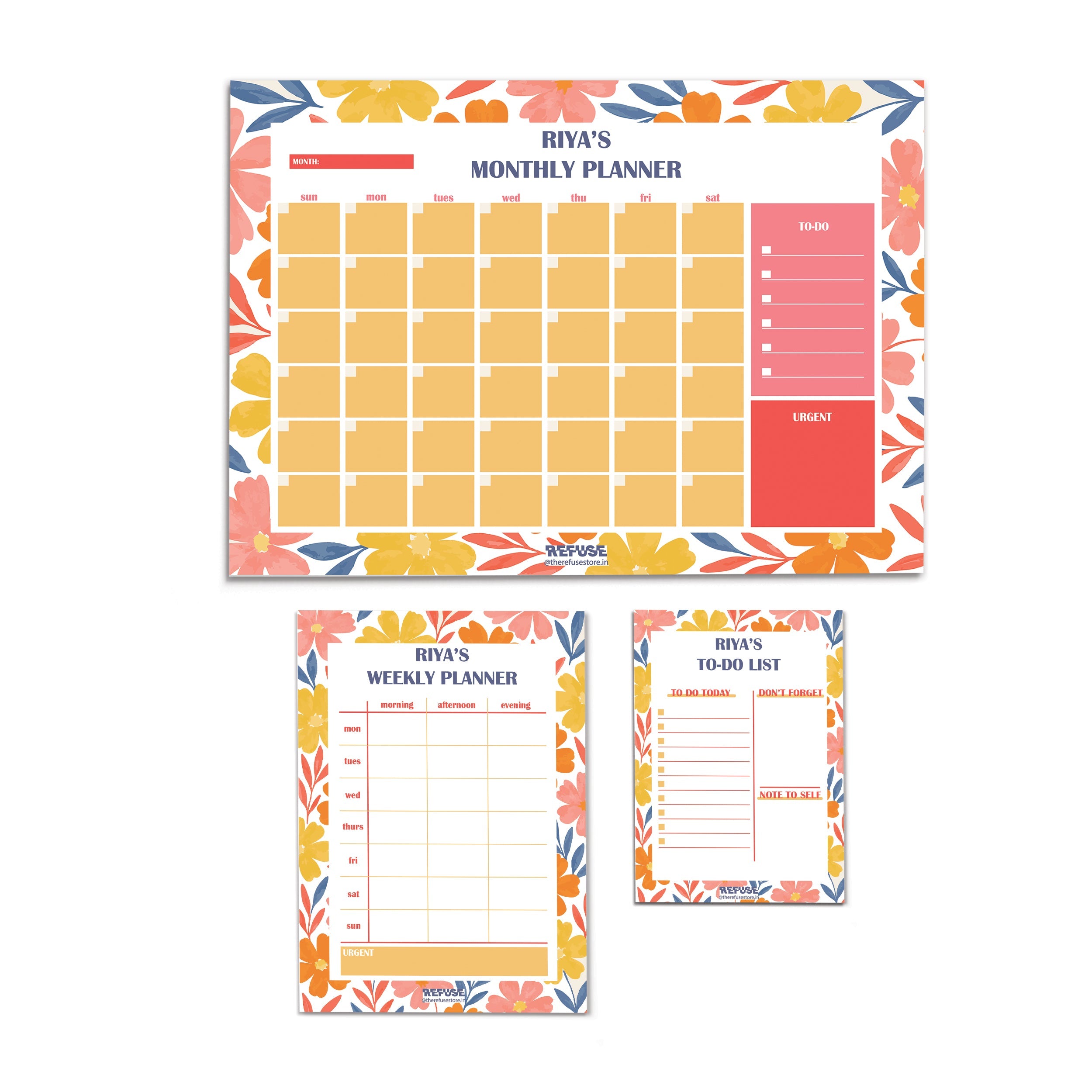 Red & Orange Multi Floral Personalised Planner Set (Daily,Weekly & Monthly)