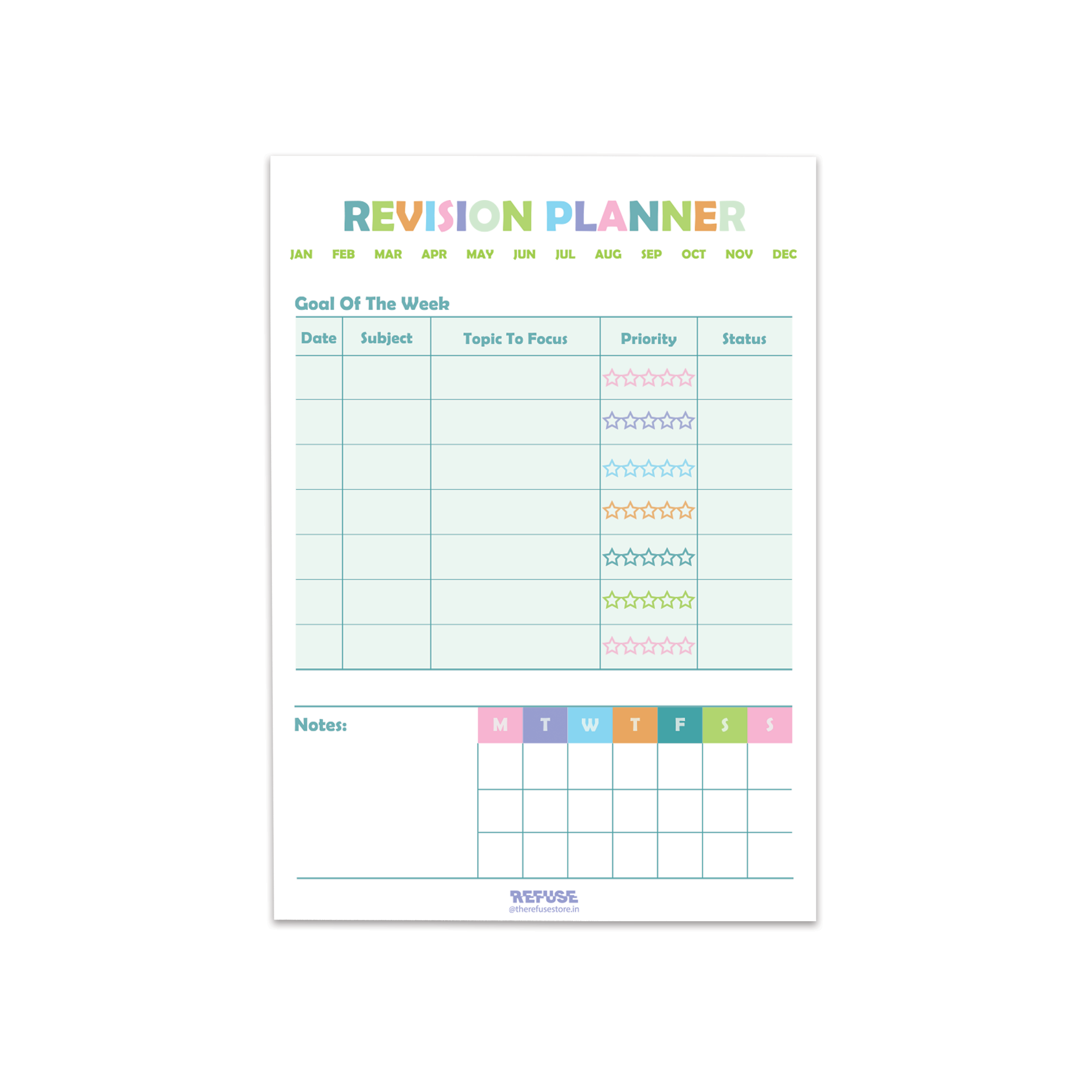 Revision Planner notepad with weekly study goals, date, subject, topic, priority and status tracking table, plus notes and weekly schedule sections.