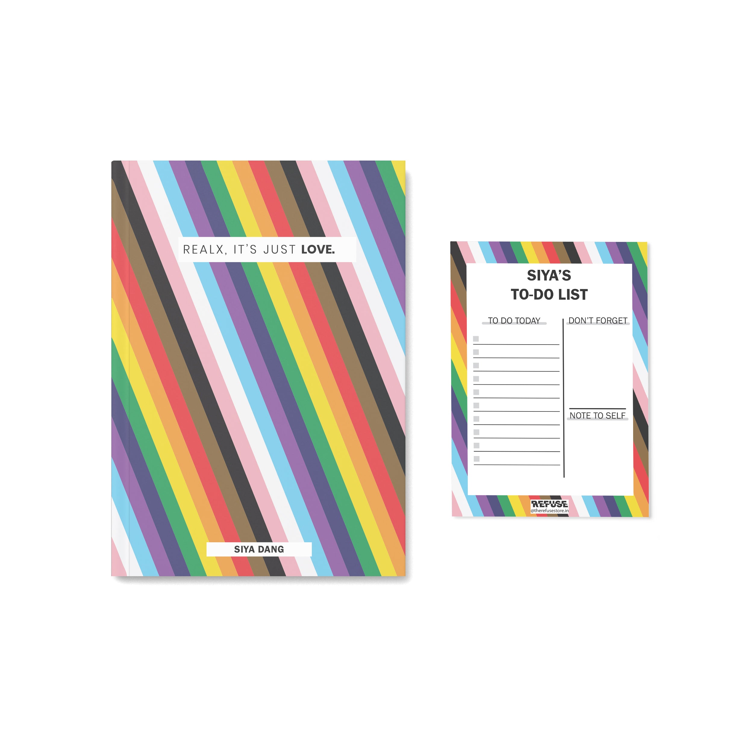 Personalised  pride flag notebook with quote relax its just love with matching Notepad