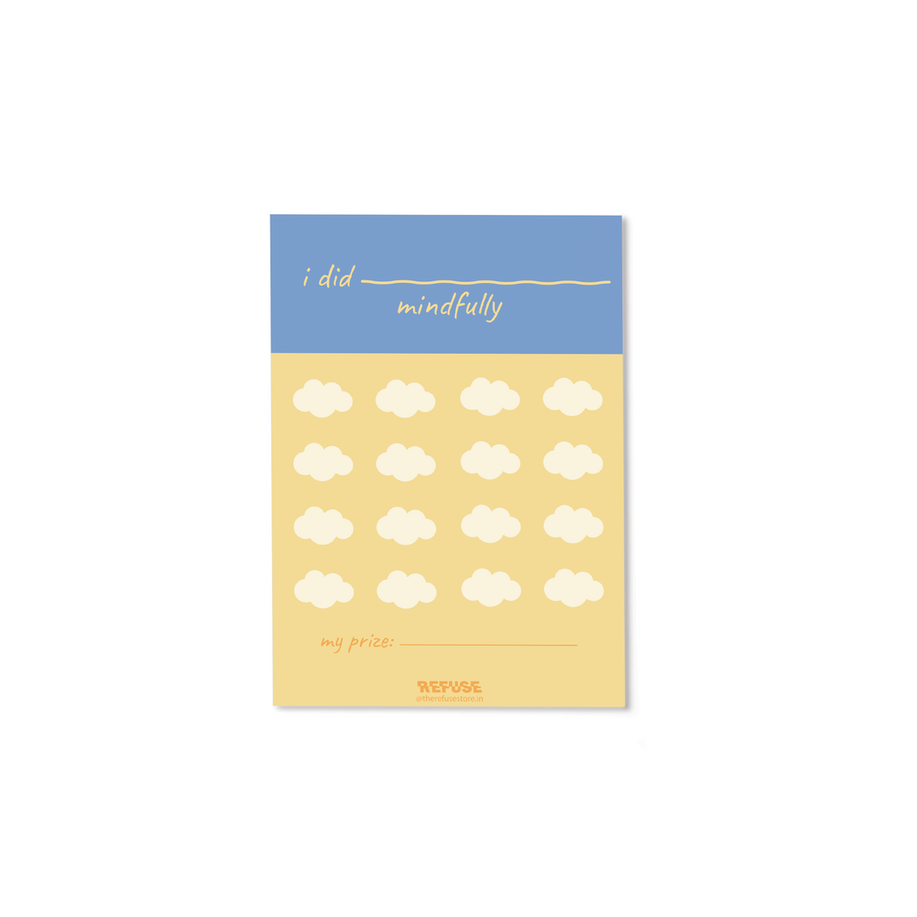 Mindful notepad with “I did mindfully” heading, cloud illustrations, and space to record mindful activities and their price.For habit tracking