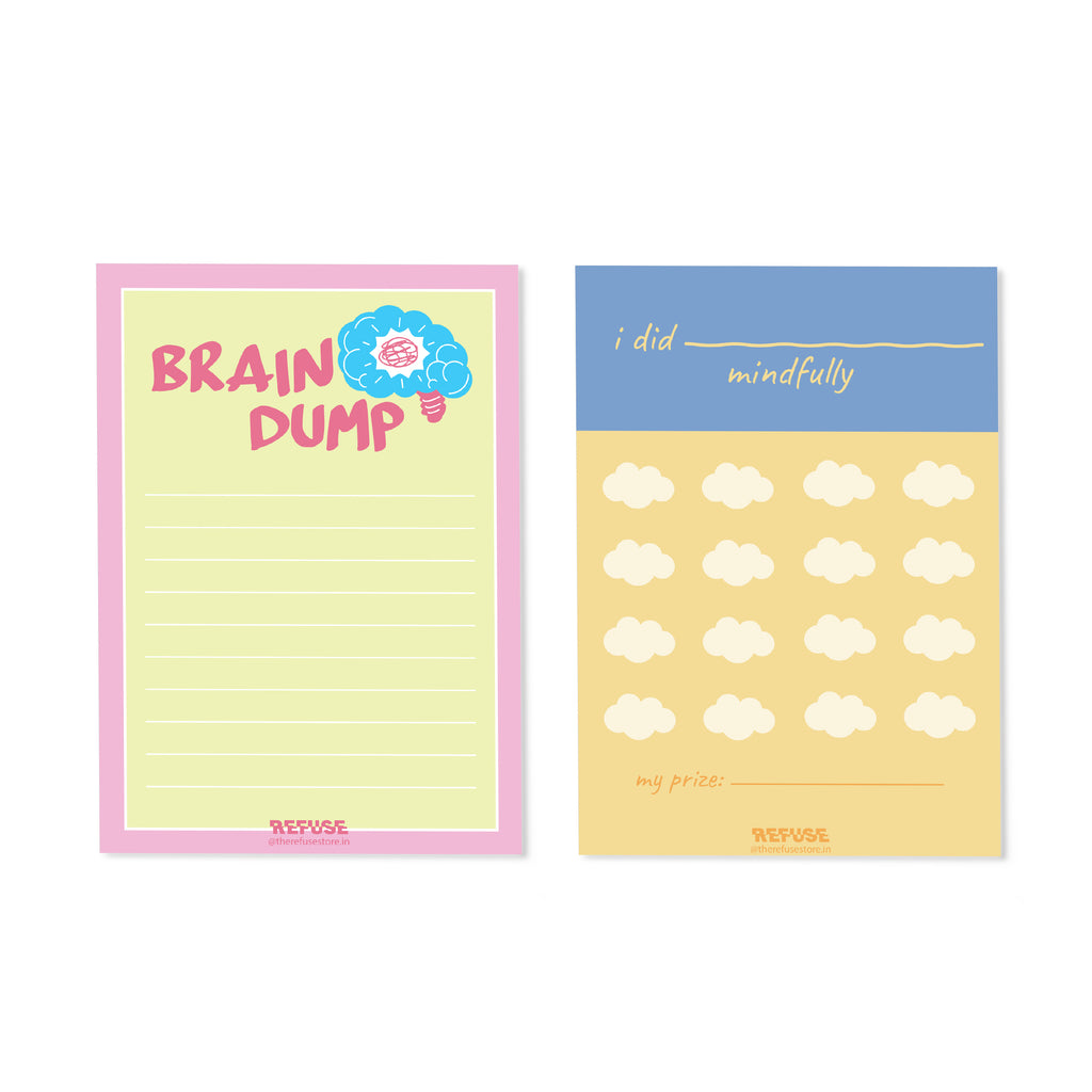 Mindful stationery set of 2 notepads featuring a Brain Dump notepad and an “I Did Mindfully” activity notepad.