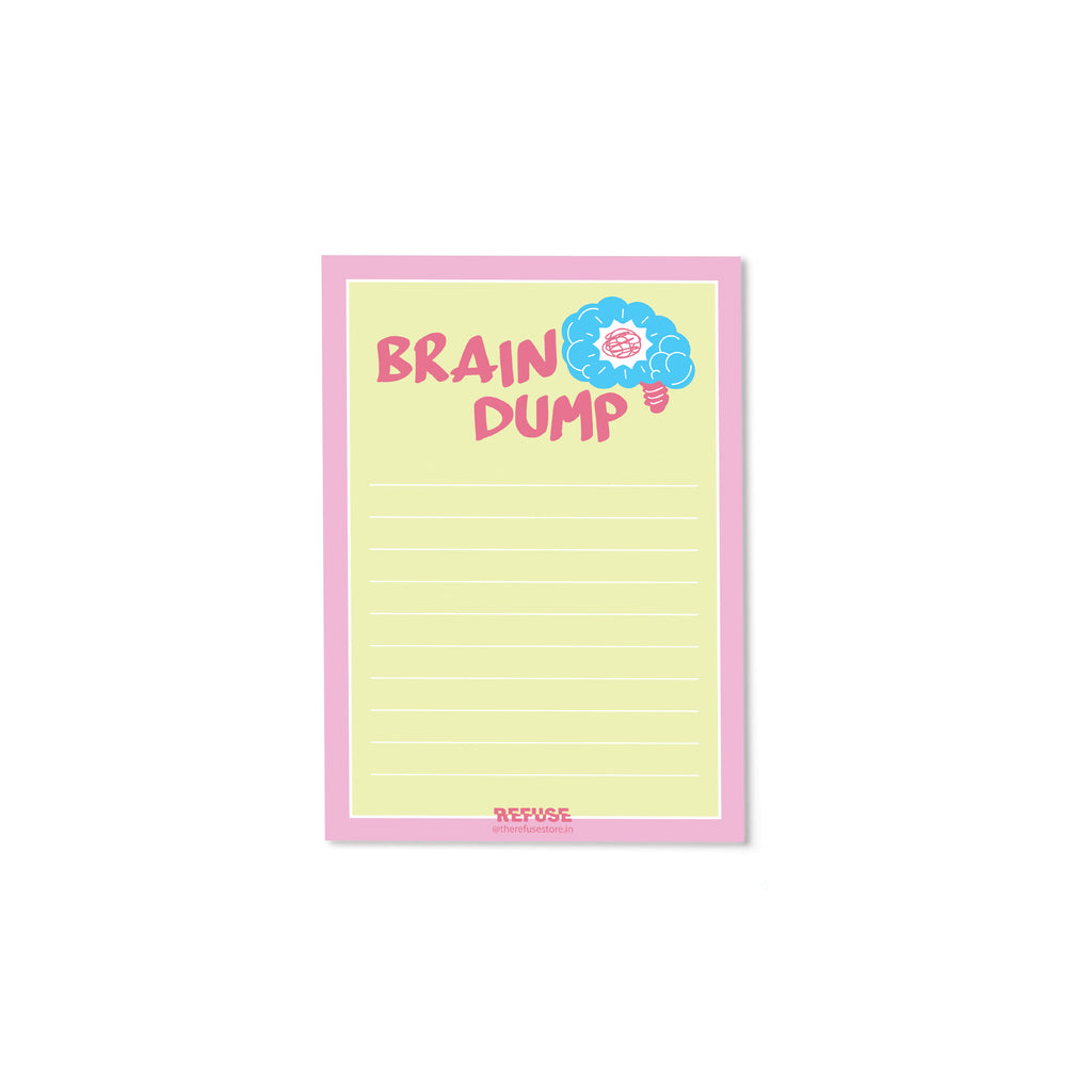 Brain Dump notepad with colourful brain illustration, lined writing space, and pink and yellow design.