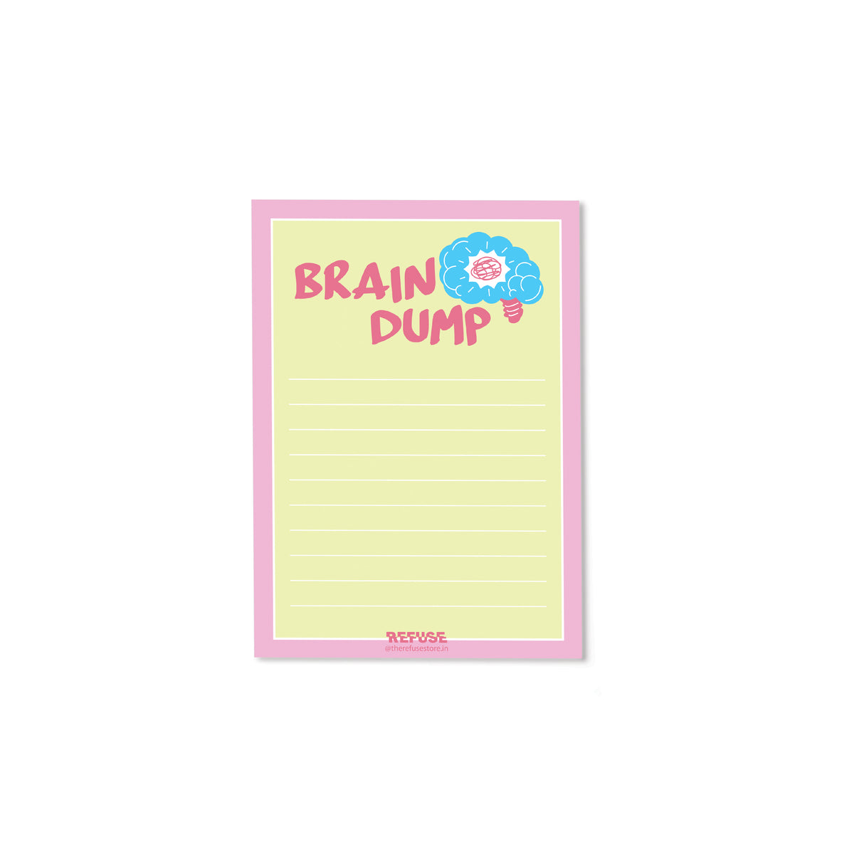 Brain Dump notepad with colourful brain illustration, lined writing space, and pink and yellow design.