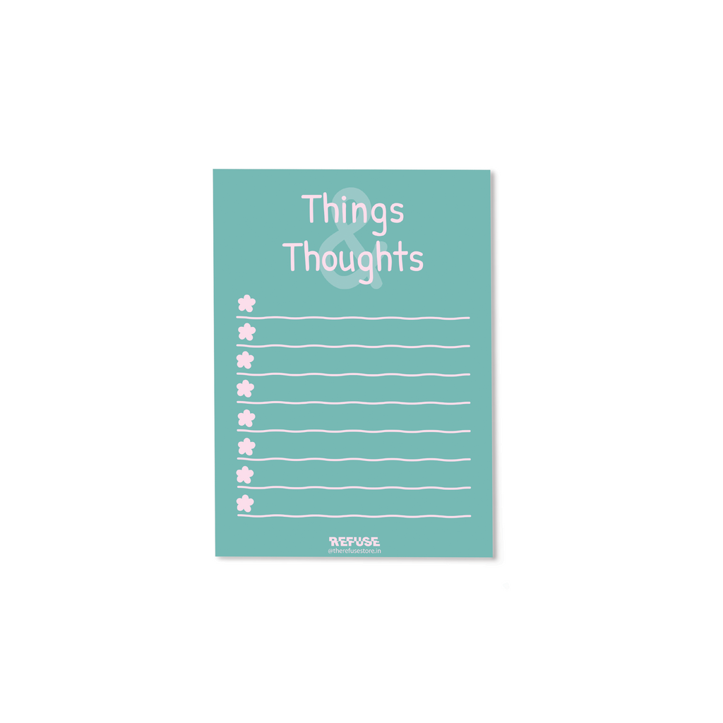 Teal Things & Thoughts notepad with floral bullet points and lined writing space for notes, ideas, and thoughts.