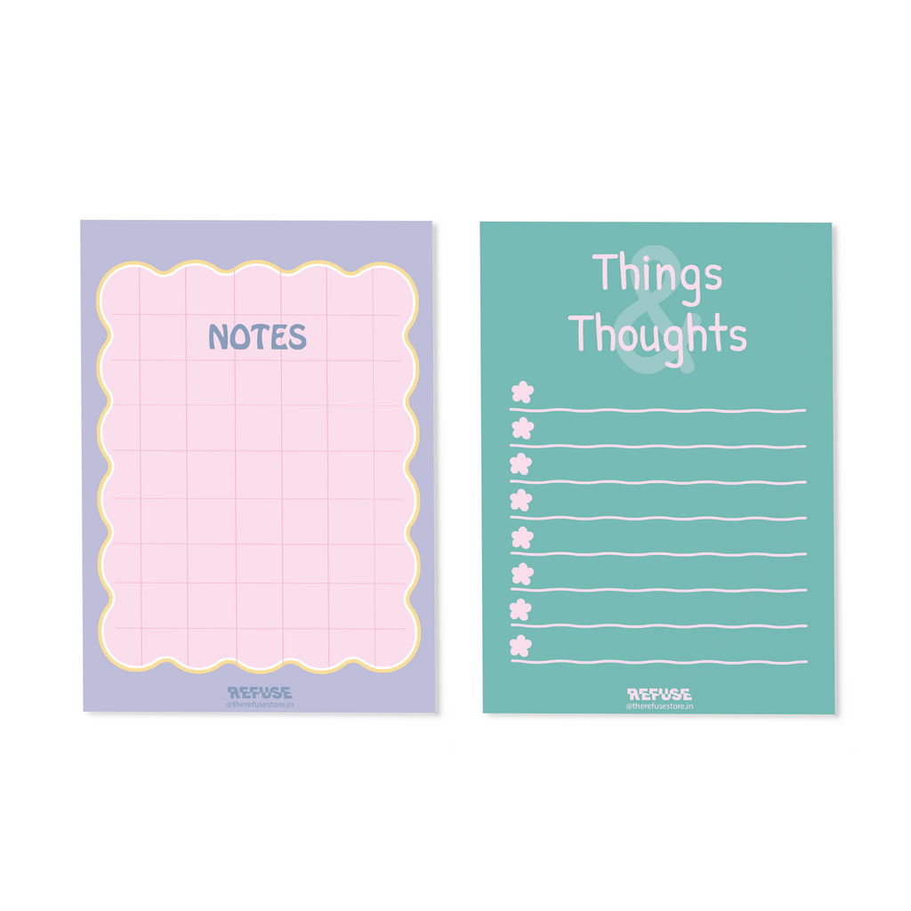 Notes & Things Thoughts set of 2 notepads featuring pastel pink grid paper and a teal lined notepad with floral details.