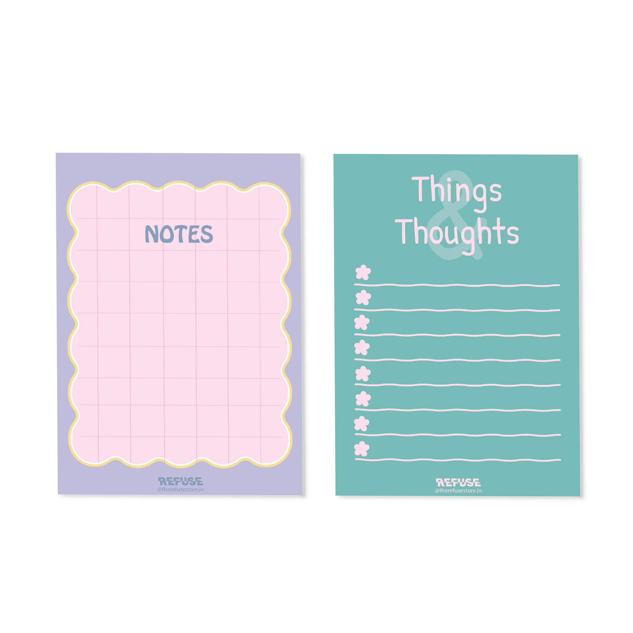 Notes & Things Thoughts set of 2 notepads featuring pastel pink grid paper and a teal lined notepad with floral details.