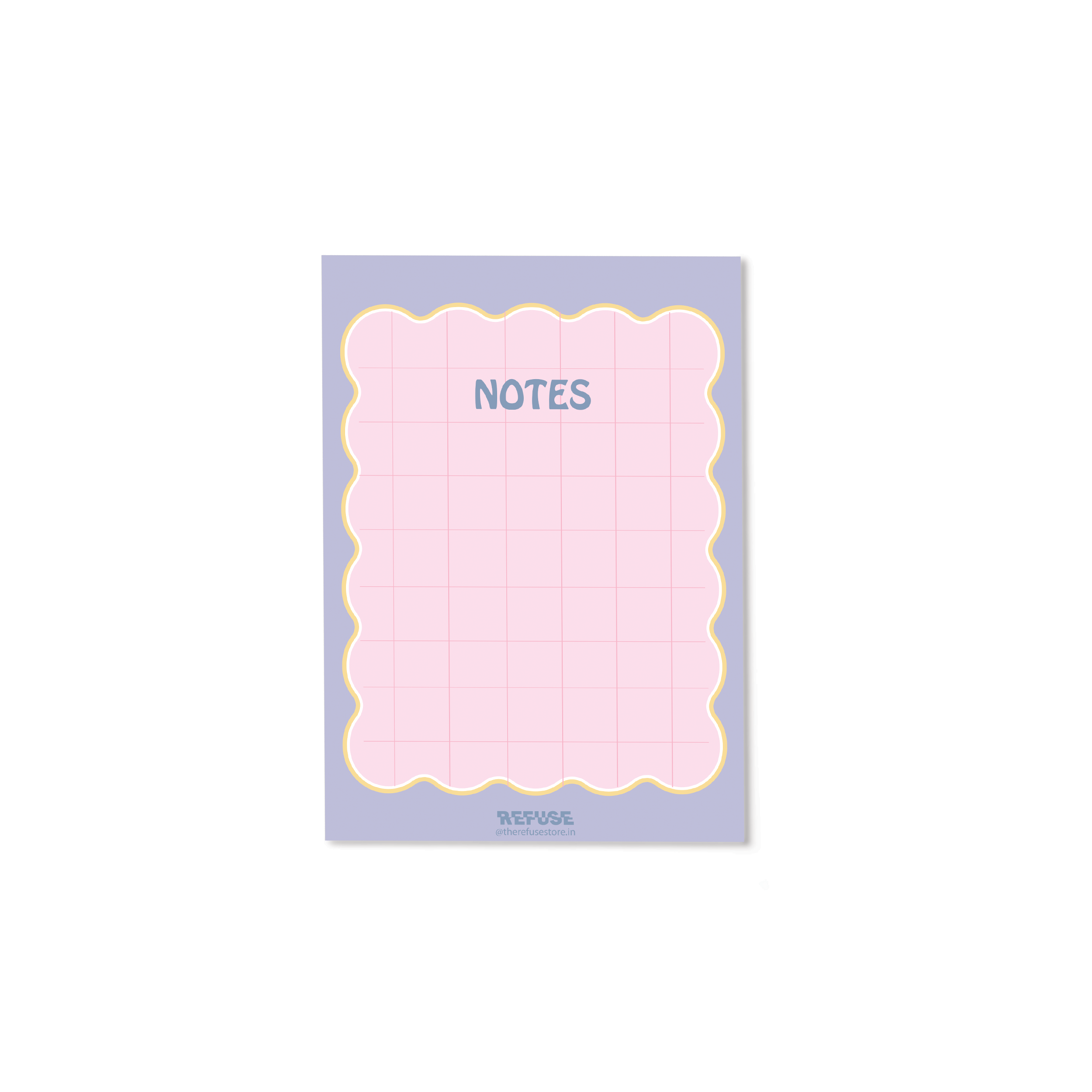 Pastel pink Notes notepad with a decorative scalloped border and grid layout for writing and organising ideas.