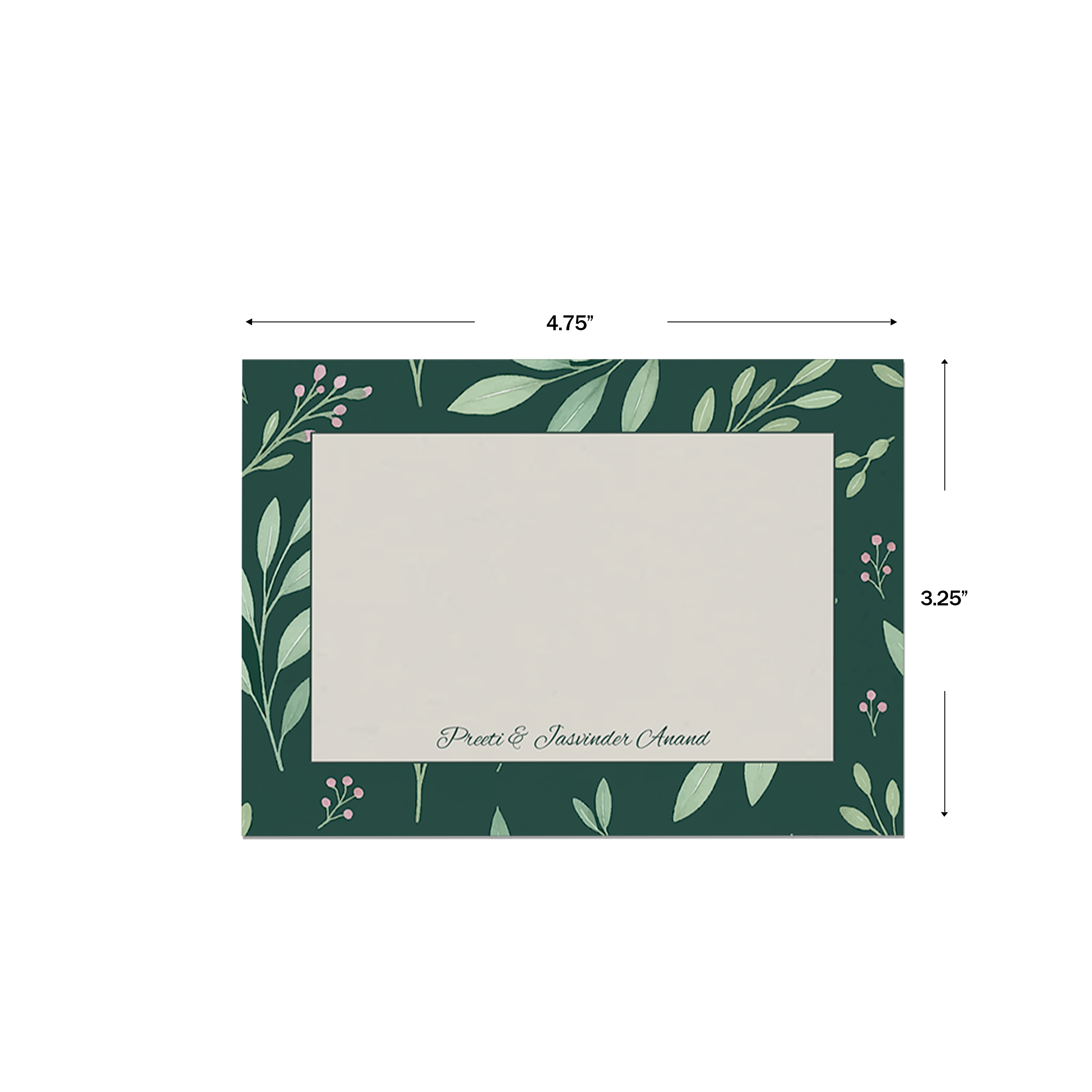 Green On Green Leaves Personalised Flat Notecards, shown with dimensions on a white background