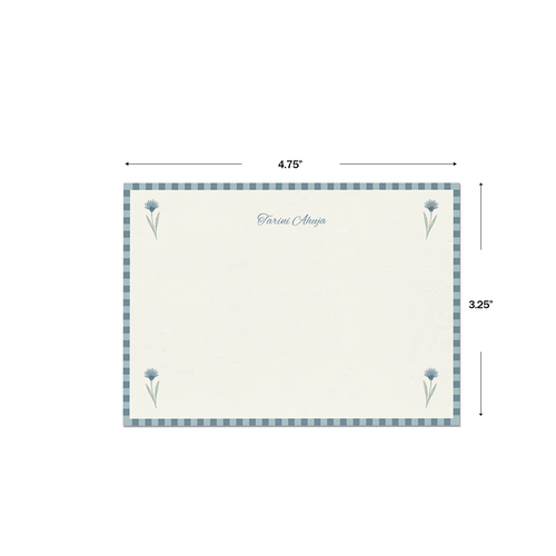 Muted Blue Flower Personalised Flat Notecards, shown with dimensions on a white background