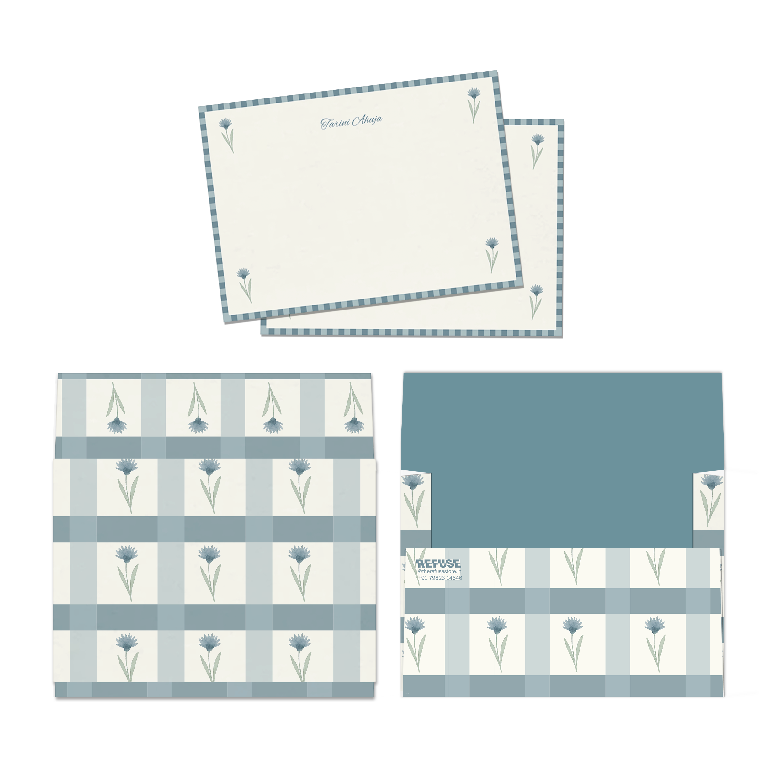 Muted Blue Flower Personalised Flat Notecards & Envelopes